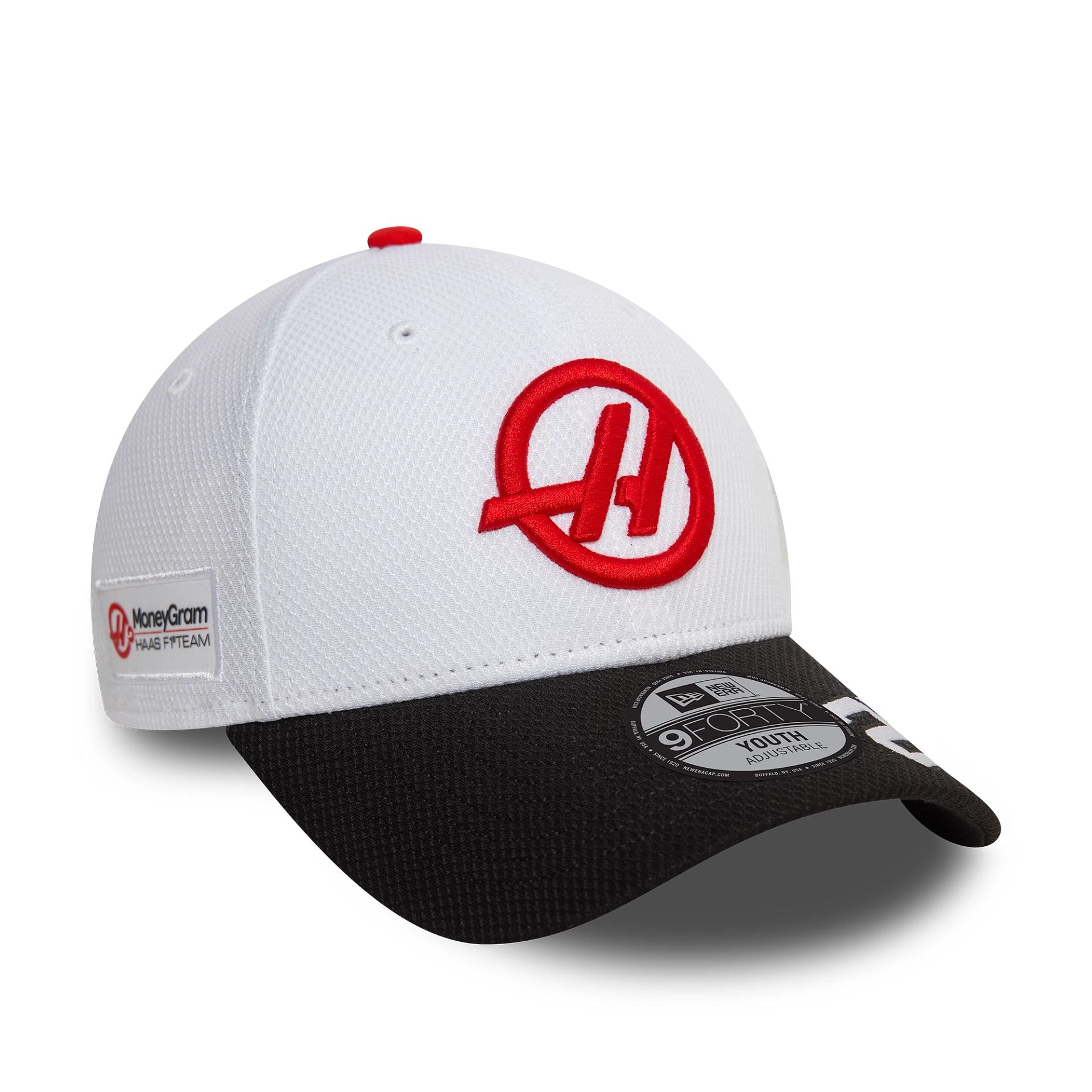 This is a MoneyGram Haas F1 Team Youth Driver Kevin Magnussen White 9FORTY Adjustable Cap 1