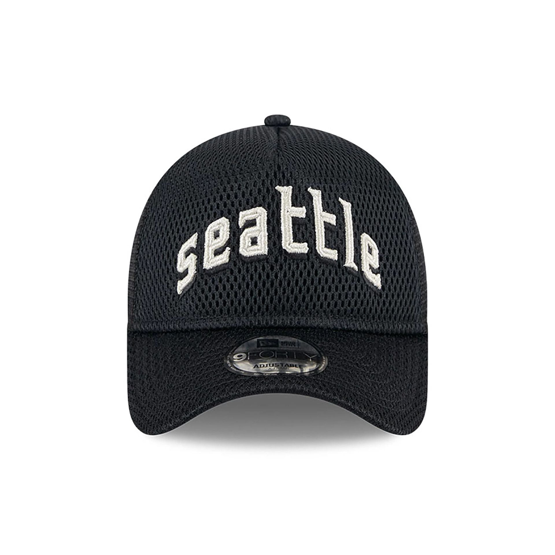 This is a Seattle Mariners City Mesh Black 9FORTY A-Frame Adjustable Trucker Cap 2