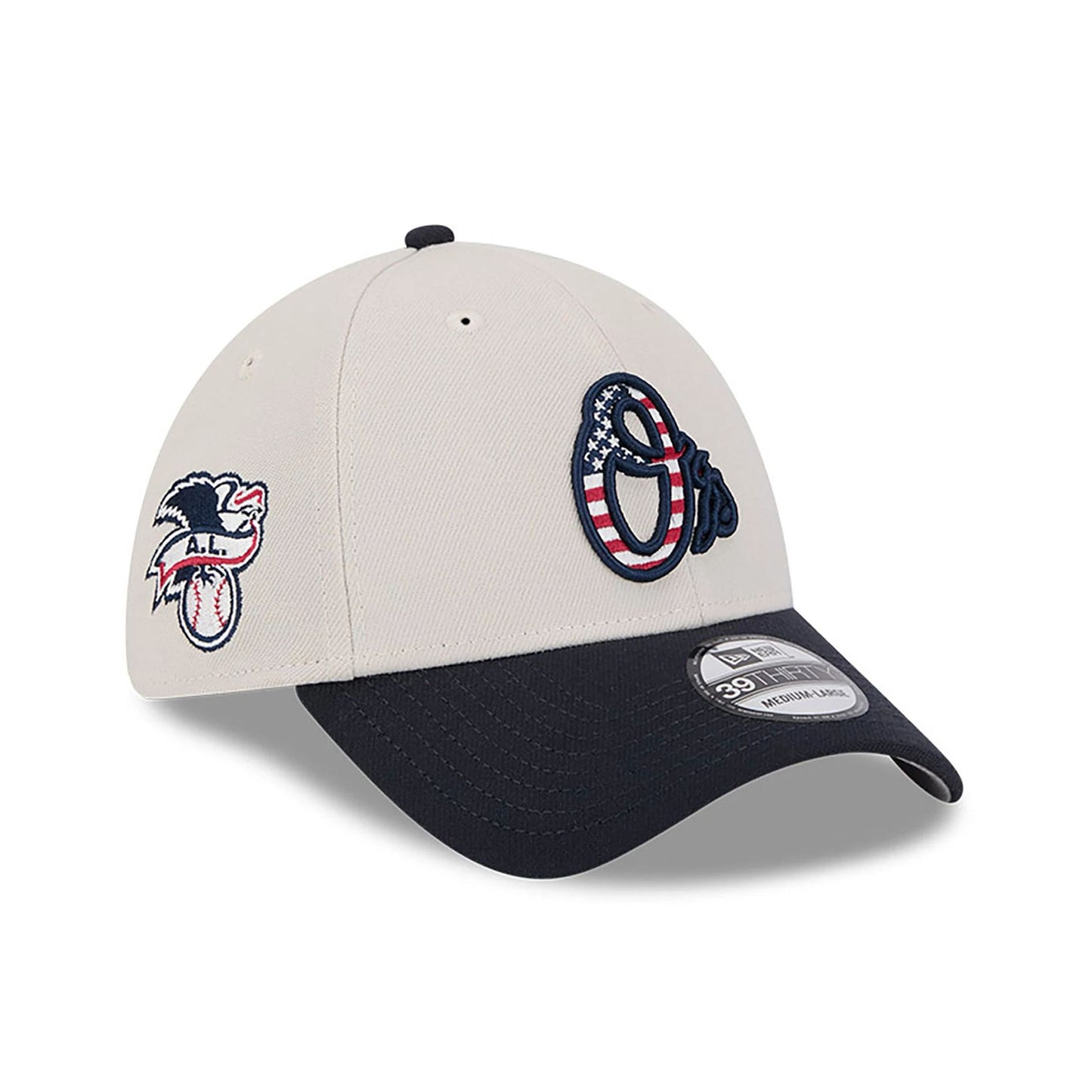 This is a Baltimore Orioles MLB 4th Of July Navy 39THIRTY Stretch Fit Cap 1