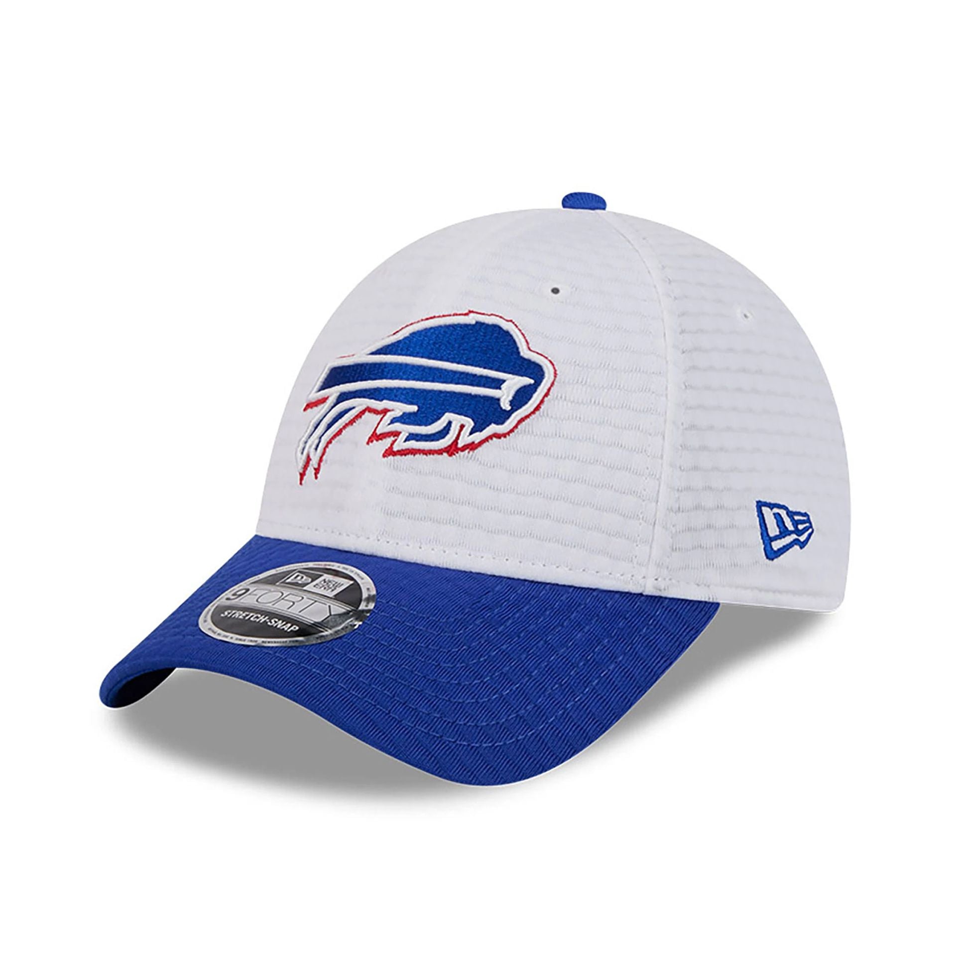 This is a Buffalo Bills NFL Training 2024 White 9FORTY Stretch Snap Cap 1