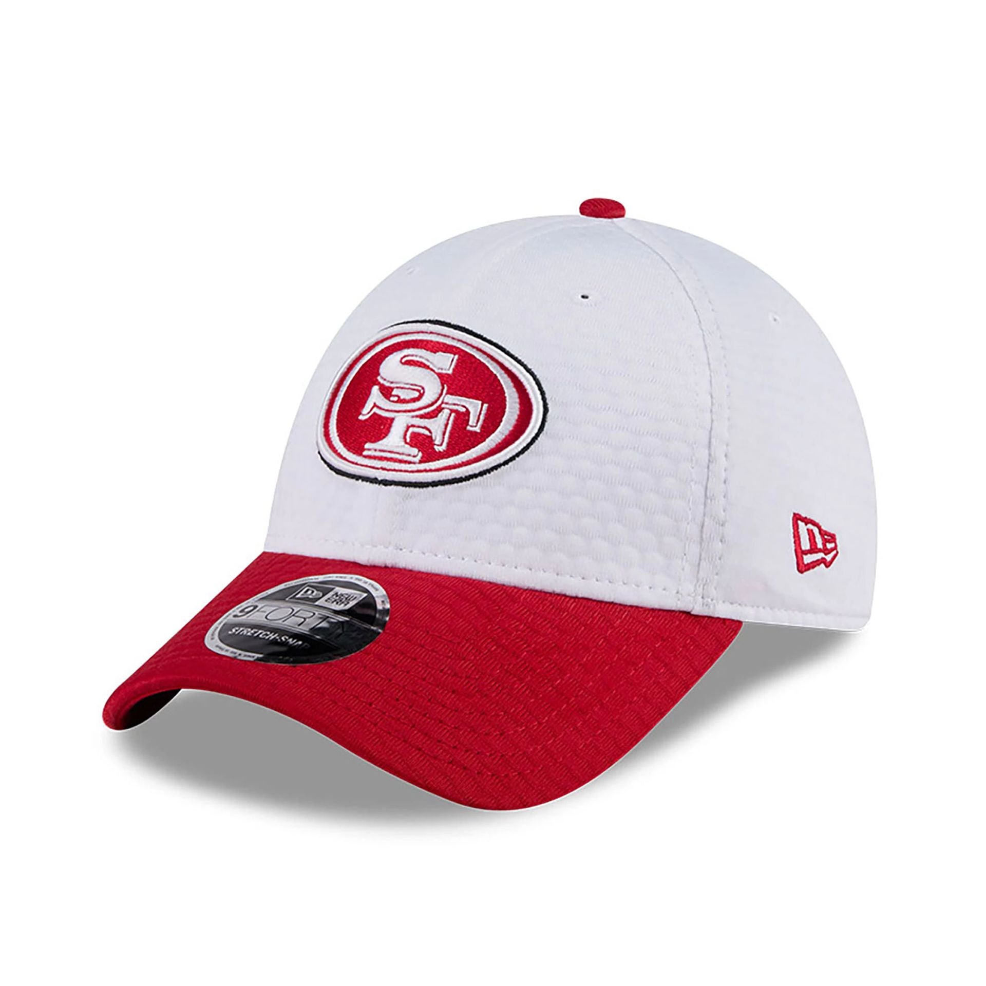 This is a San Francisco 49ers NFL Training 2024 White 9FORTY Stretch Snap Cap 1