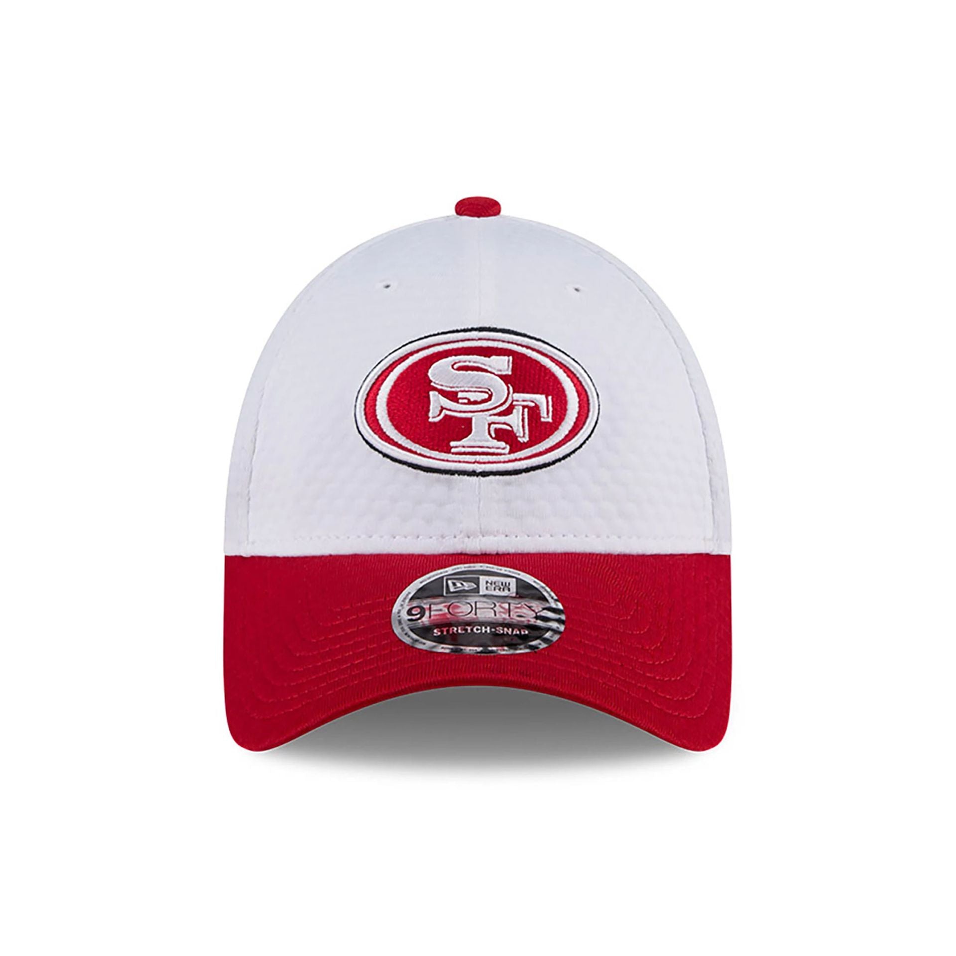 This is a San Francisco 49ers NFL Training 2024 White 9FORTY Stretch Snap Cap 2