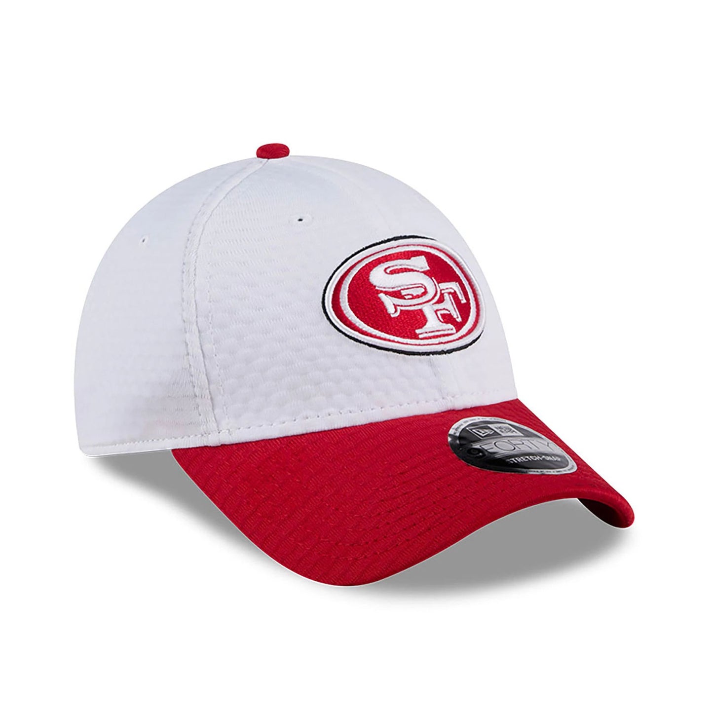 This is a San Francisco 49ers NFL Training 2024 White 9FORTY Stretch Snap Cap 3