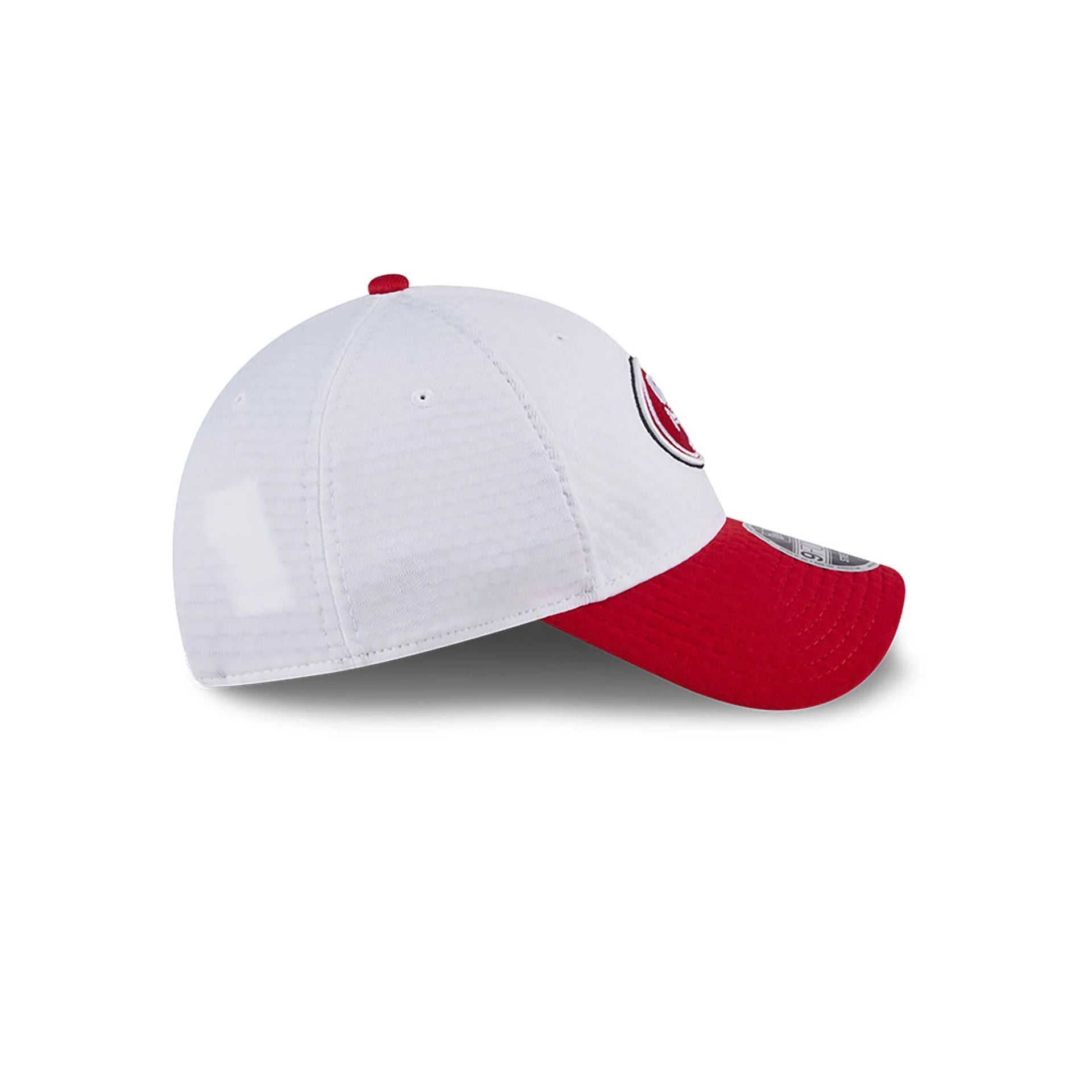 This is a San Francisco 49ers NFL Training 2024 White 9FORTY Stretch Snap Cap 6