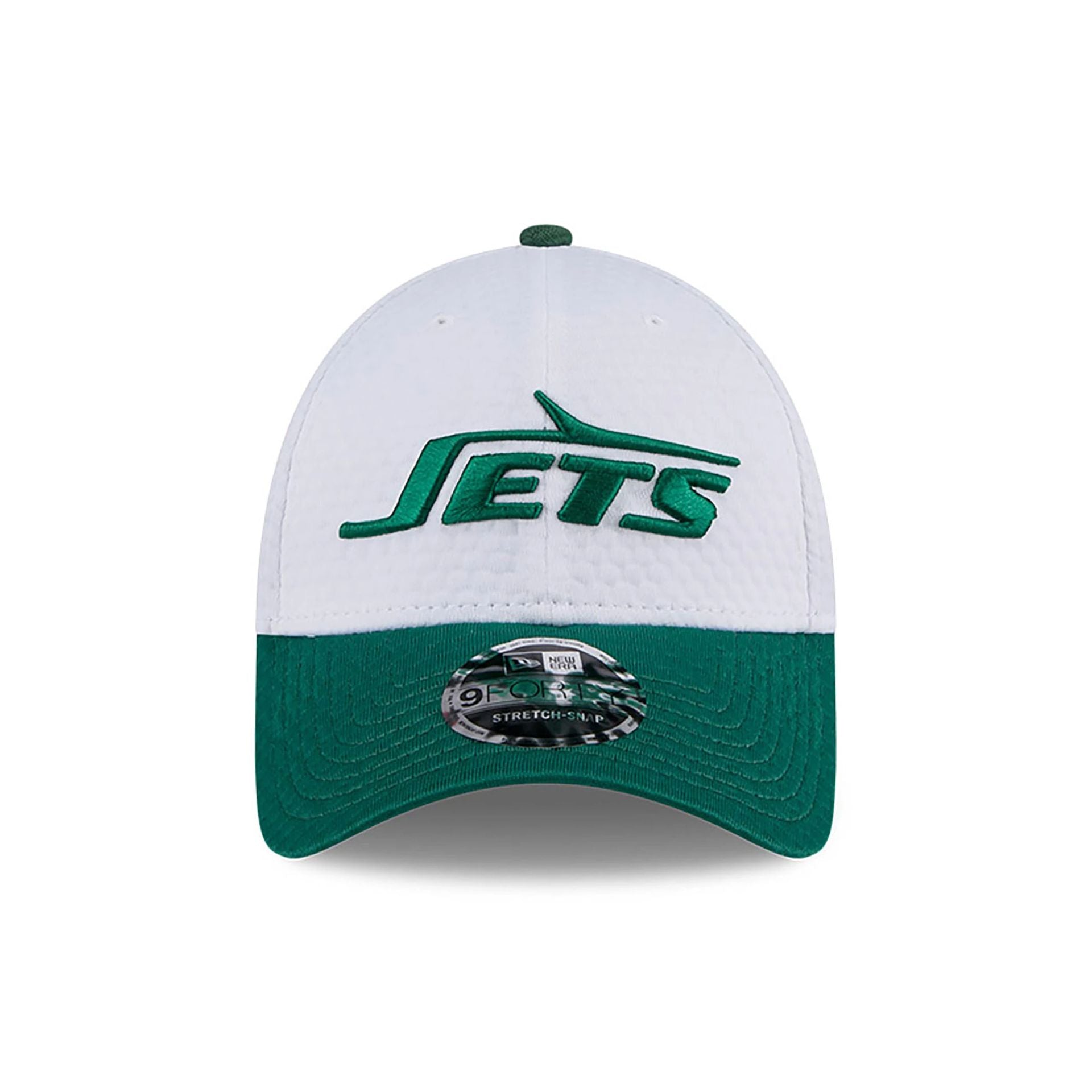 This is a New York Jets NFL Training 2024 White 9FORTY Stretch Snap Cap 2