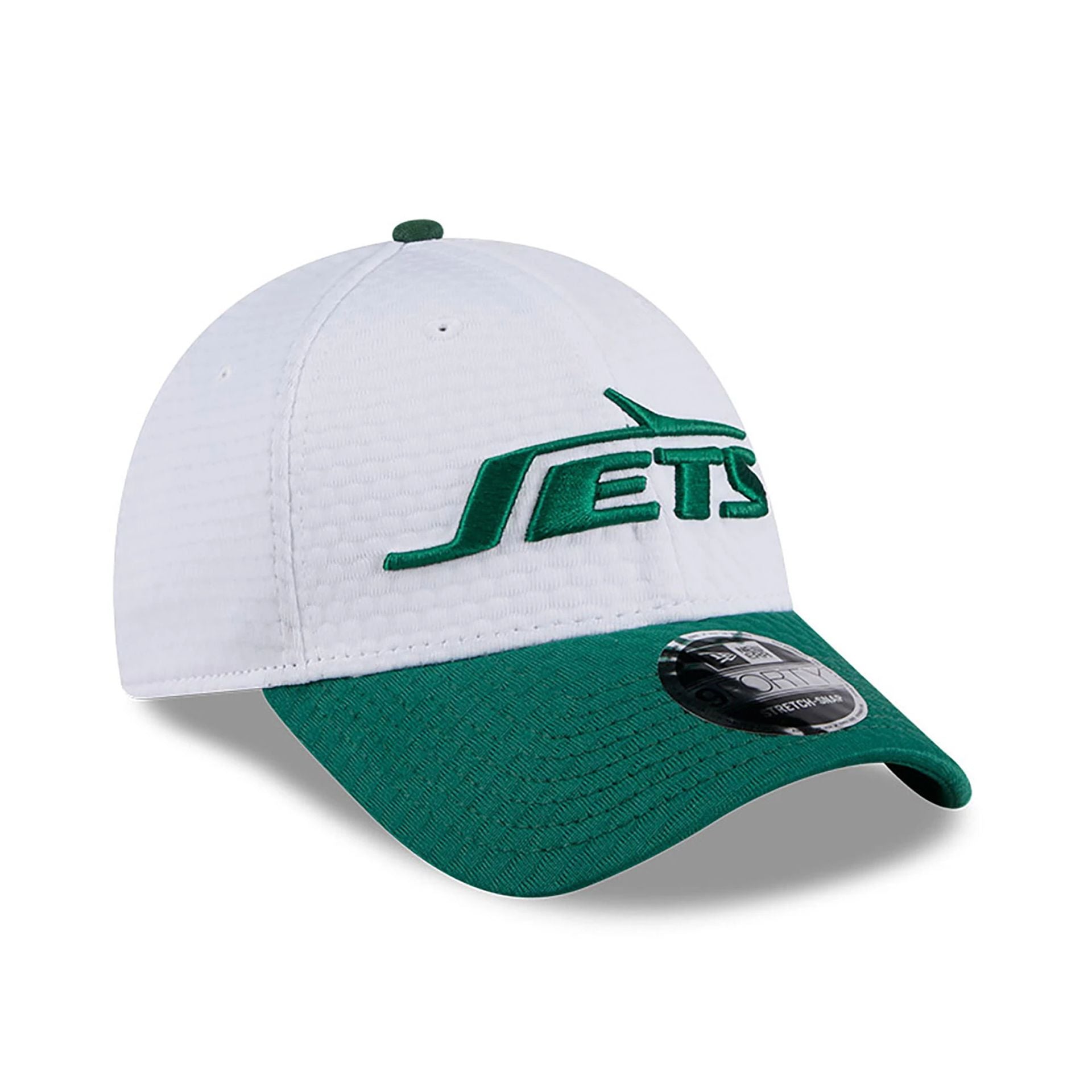 This is a New York Jets NFL Training 2024 White 9FORTY Stretch Snap Cap 3