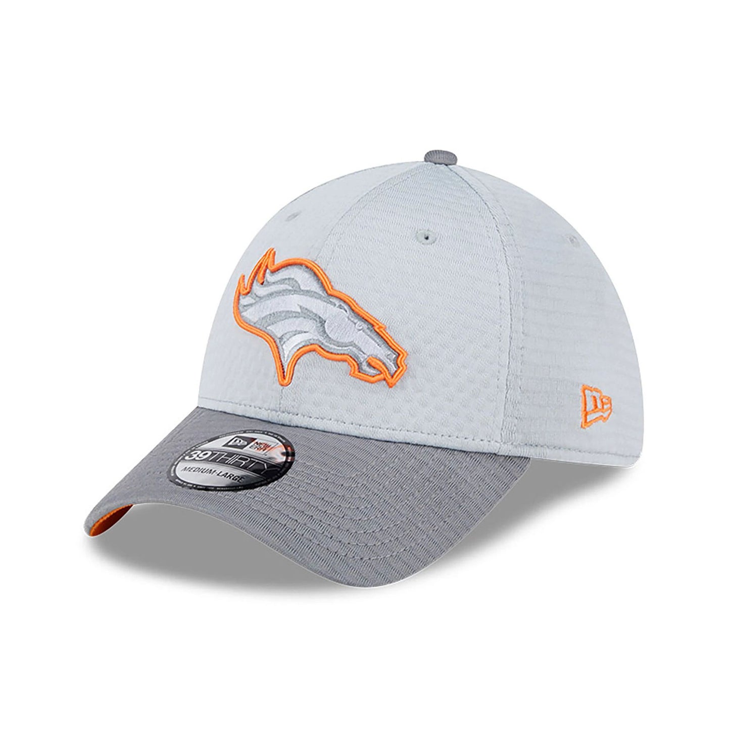 This is a Denver Broncos NFL Training 2024 Grey 39THIRTY Stretch Fit Cap 1