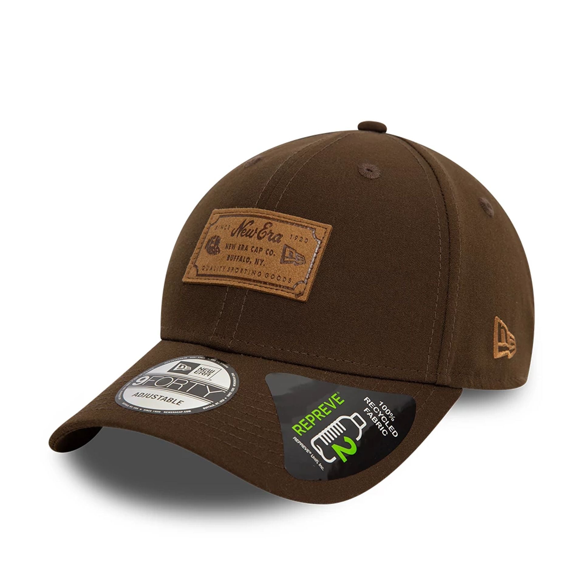 This is a New Era Patch Repreve Dark Brown 9FORTY Adjustable Cap 1