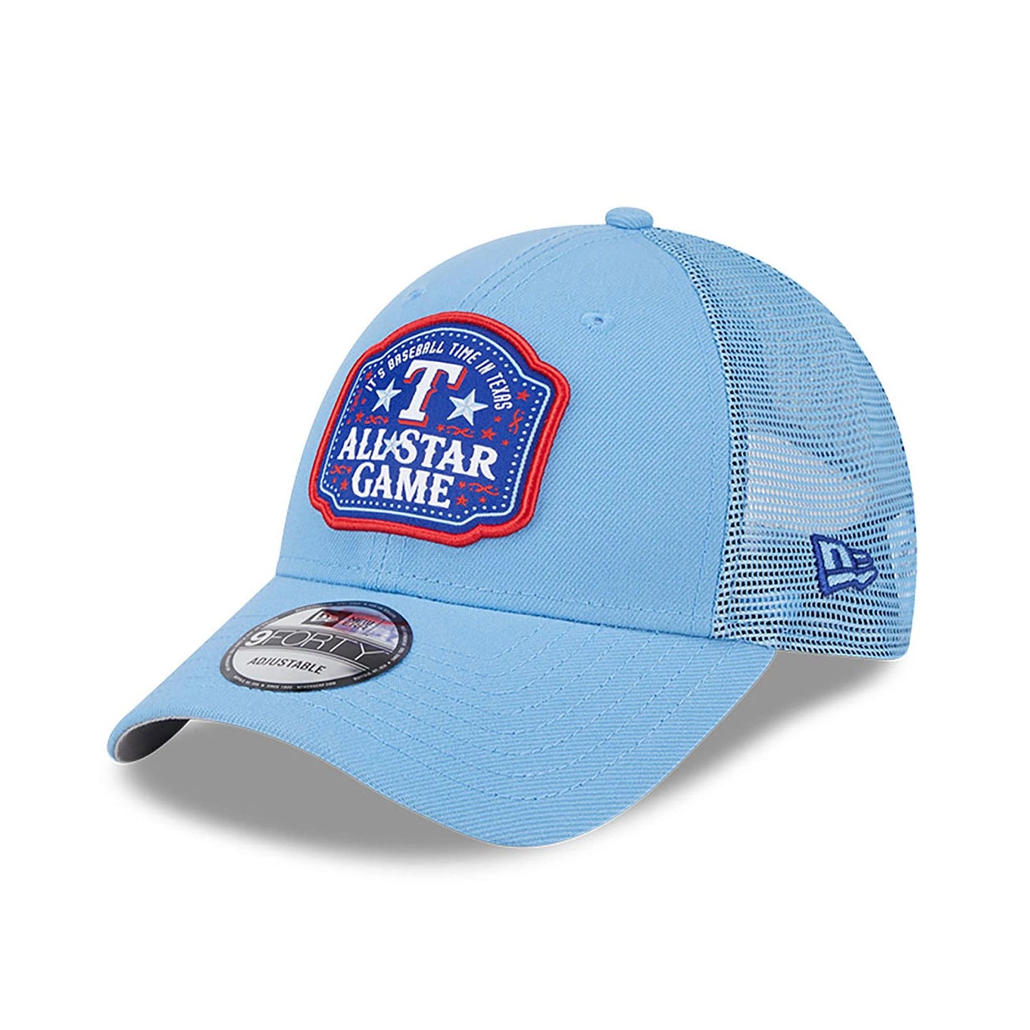 This is a Texas Rangers MLB All Star Game Patch Pastel Blue 9FORTY Trucker Cap 3