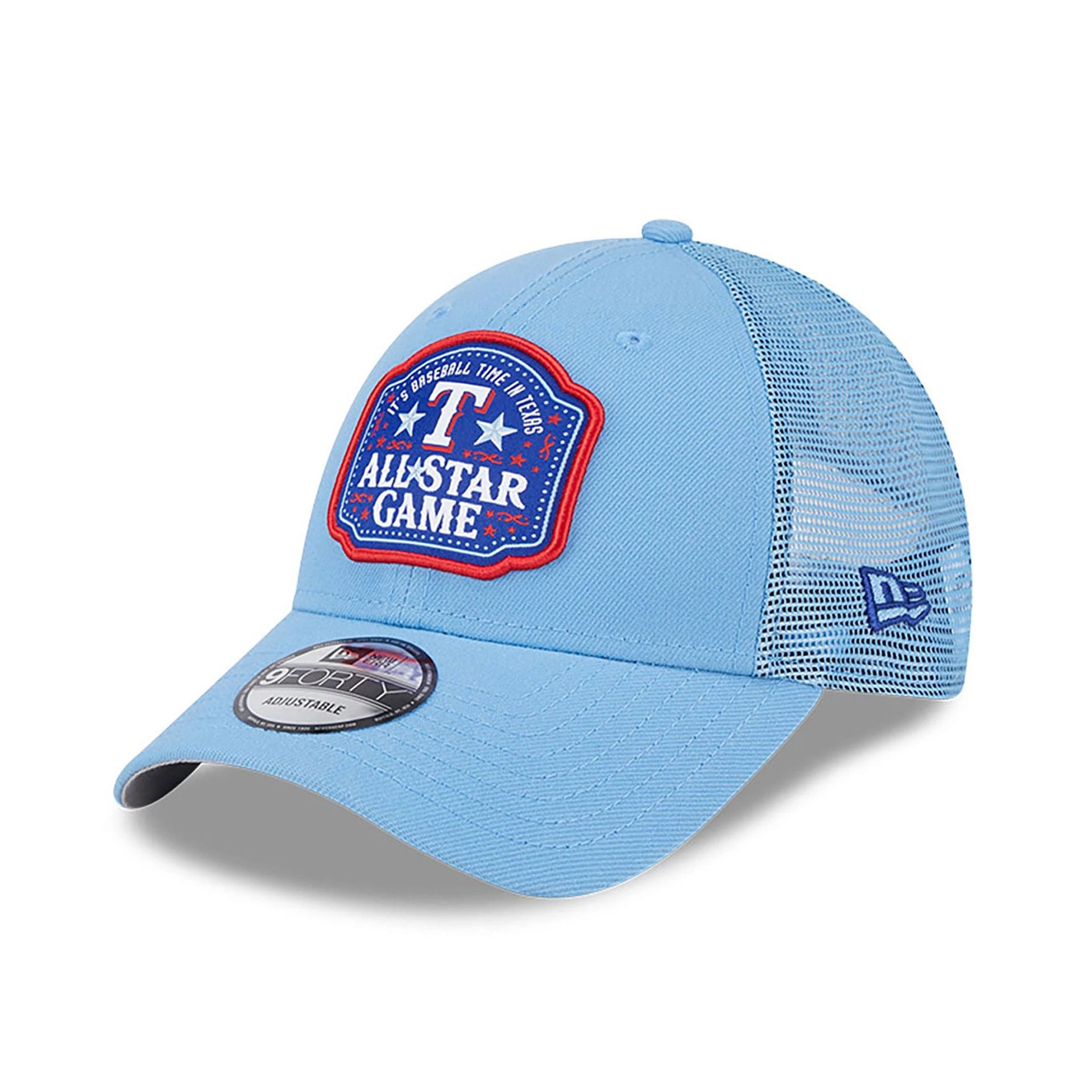 This is a Texas Rangers MLB All Star Game Patch Pastel Blue 9FORTY Trucker Cap 3