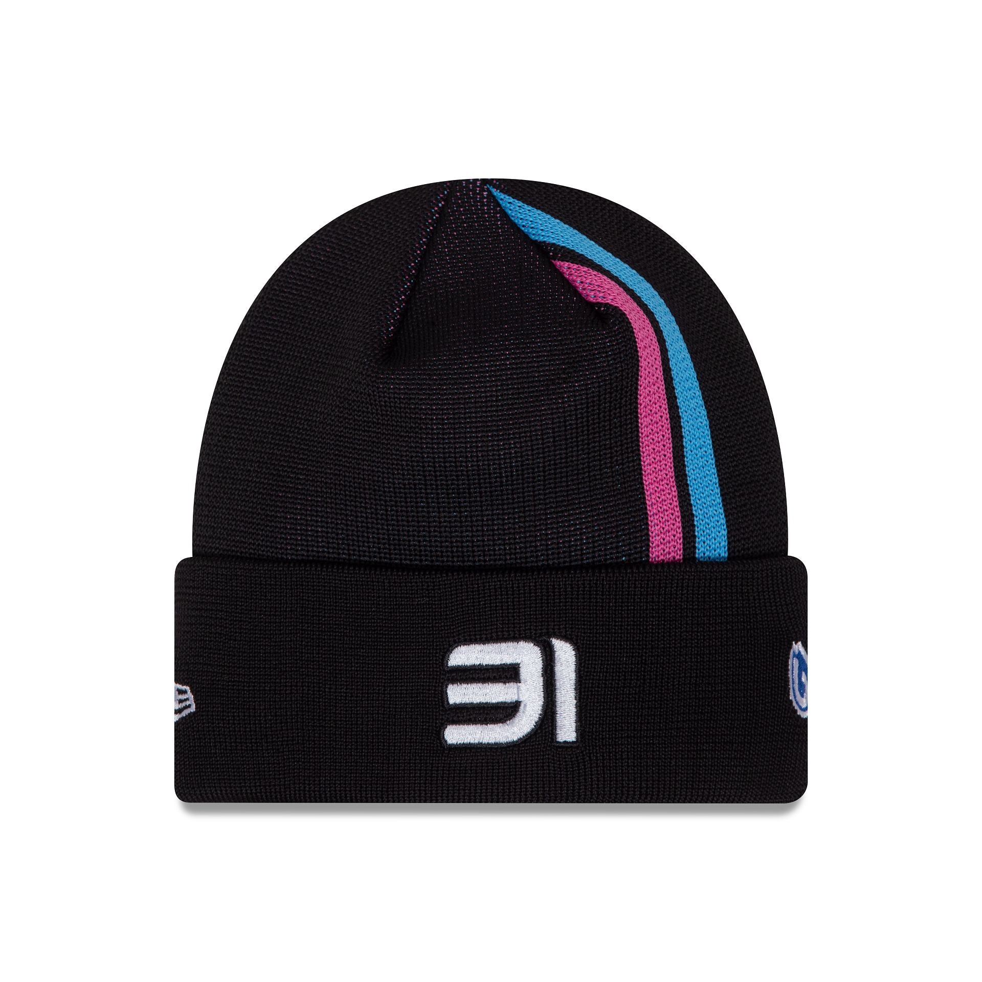 This is a Alpine Racing Esteban Ocon Youth Black Stripe Cuff Knit Beanie Hat 2