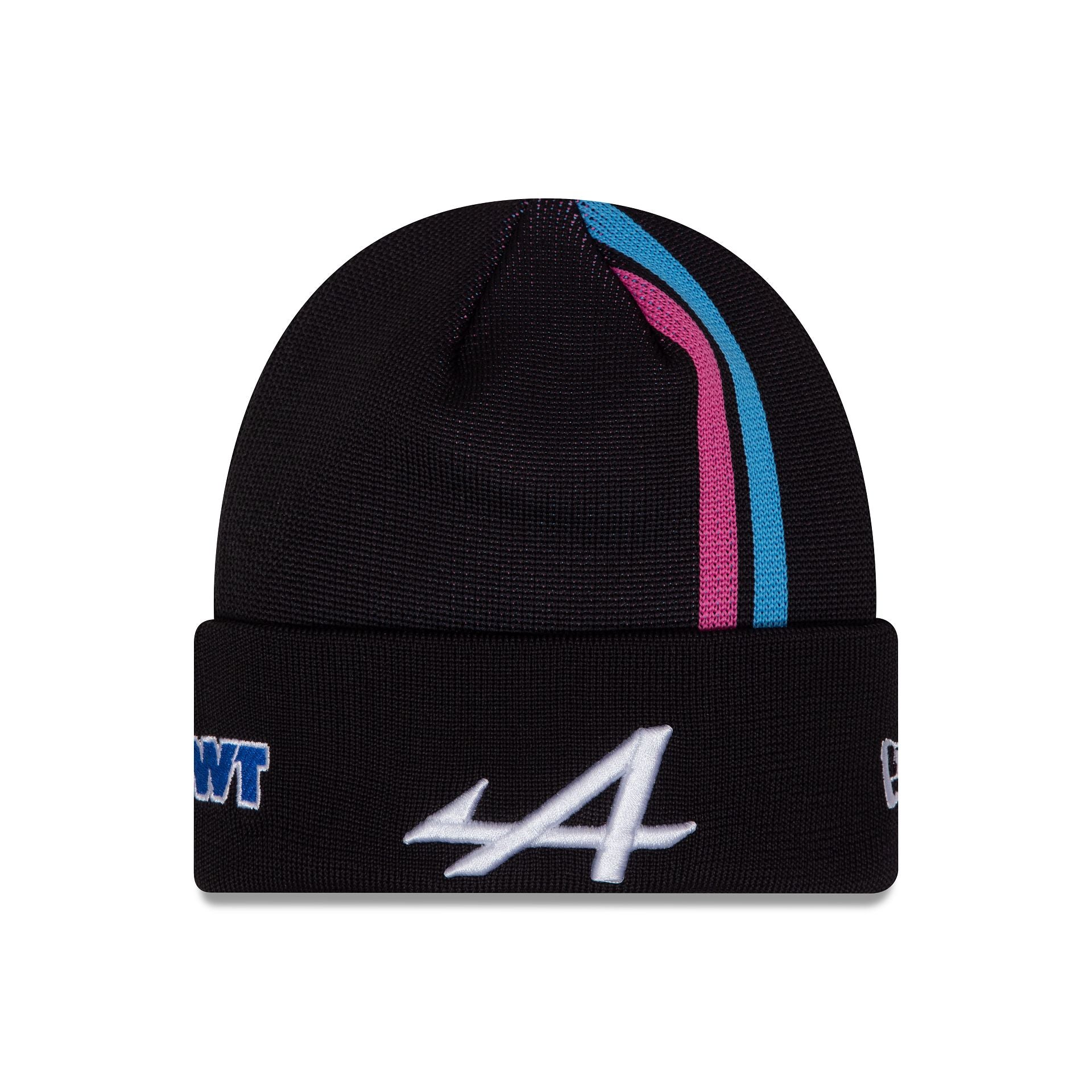 This is a Alpine Racing Esteban Ocon Youth Black Stripe Cuff Knit Beanie Hat 1