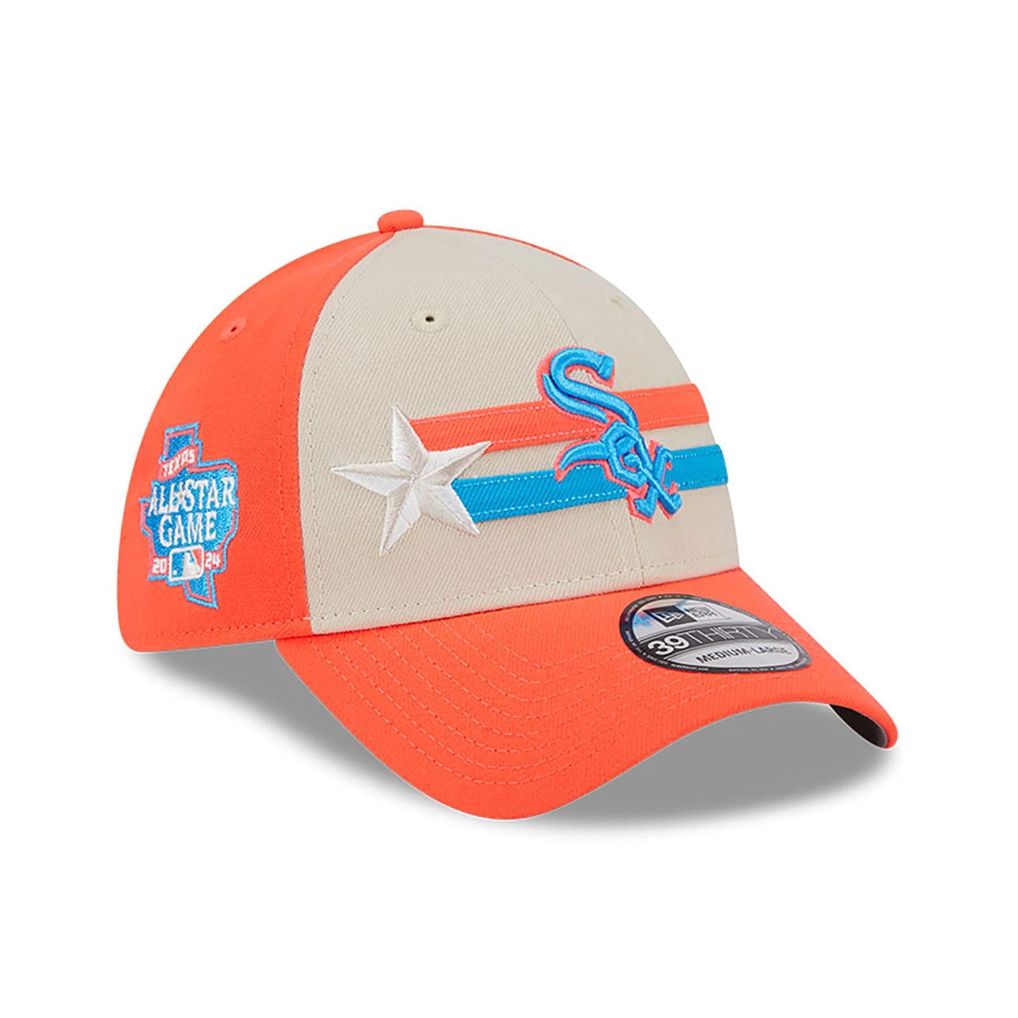 This is a Chicago White Sox MLB All Star Game 2024 Orange 39THIRTY Stretch Fit Cap 1