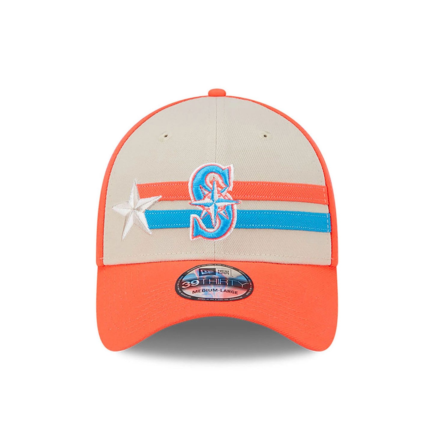 This is a Seattle Mariners MLB All Star Game 2024 Orange 39THIRTY Stretch Fit Cap 4