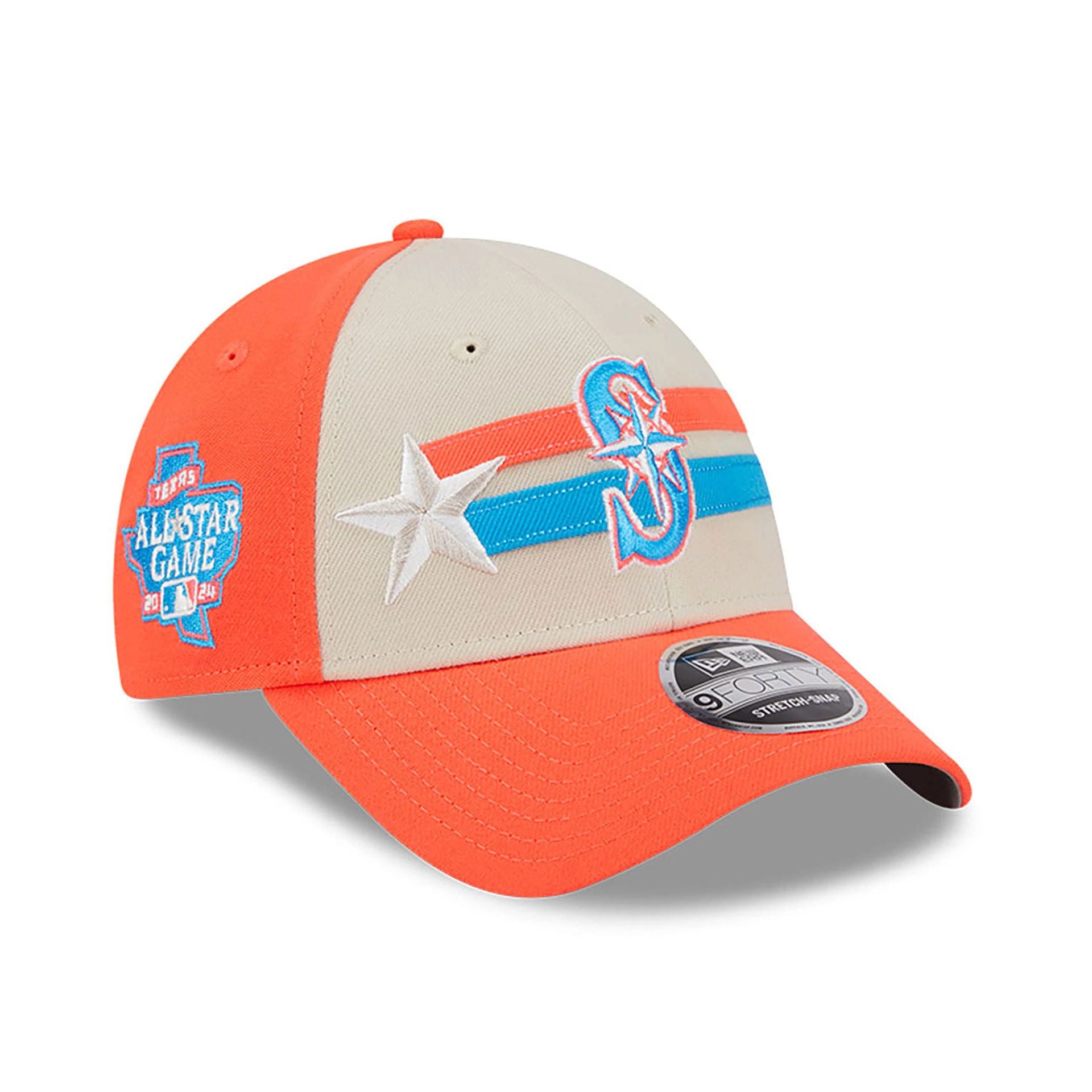 This is a Seattle Mariners MLB All Star Game 2024 Orange 9FORTY Stretch Snap Cap 1