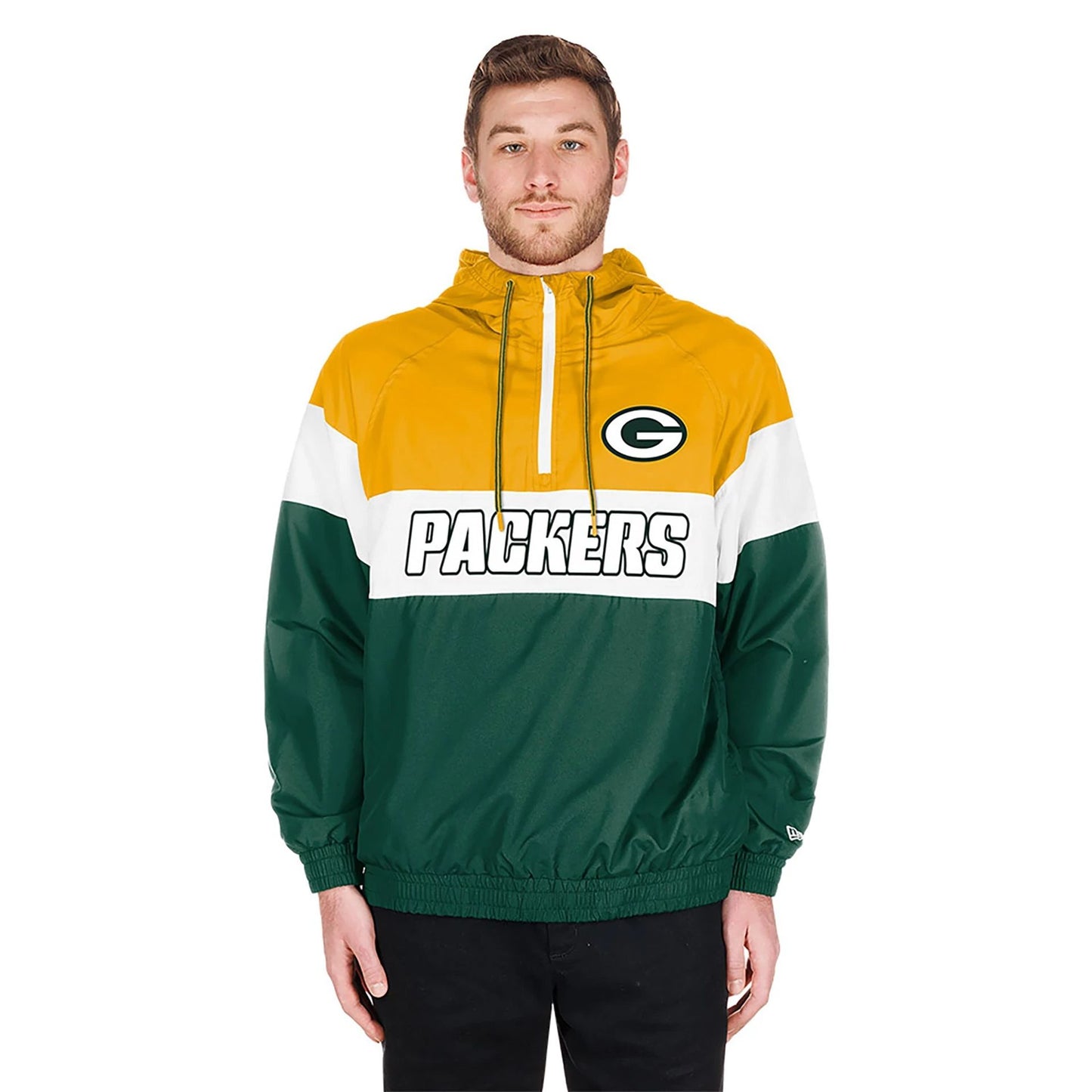 The Male model is wearing Green Bay Packers NFL 3rd Down Dark Green 1/4 Zip Hoodie  1