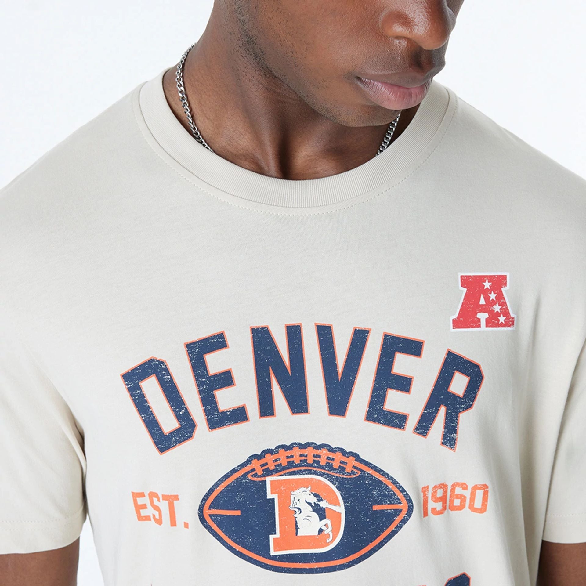 The Male model is wearing Denver Broncos NFL 3rd Down Historic Light Beige T-Shirt  4