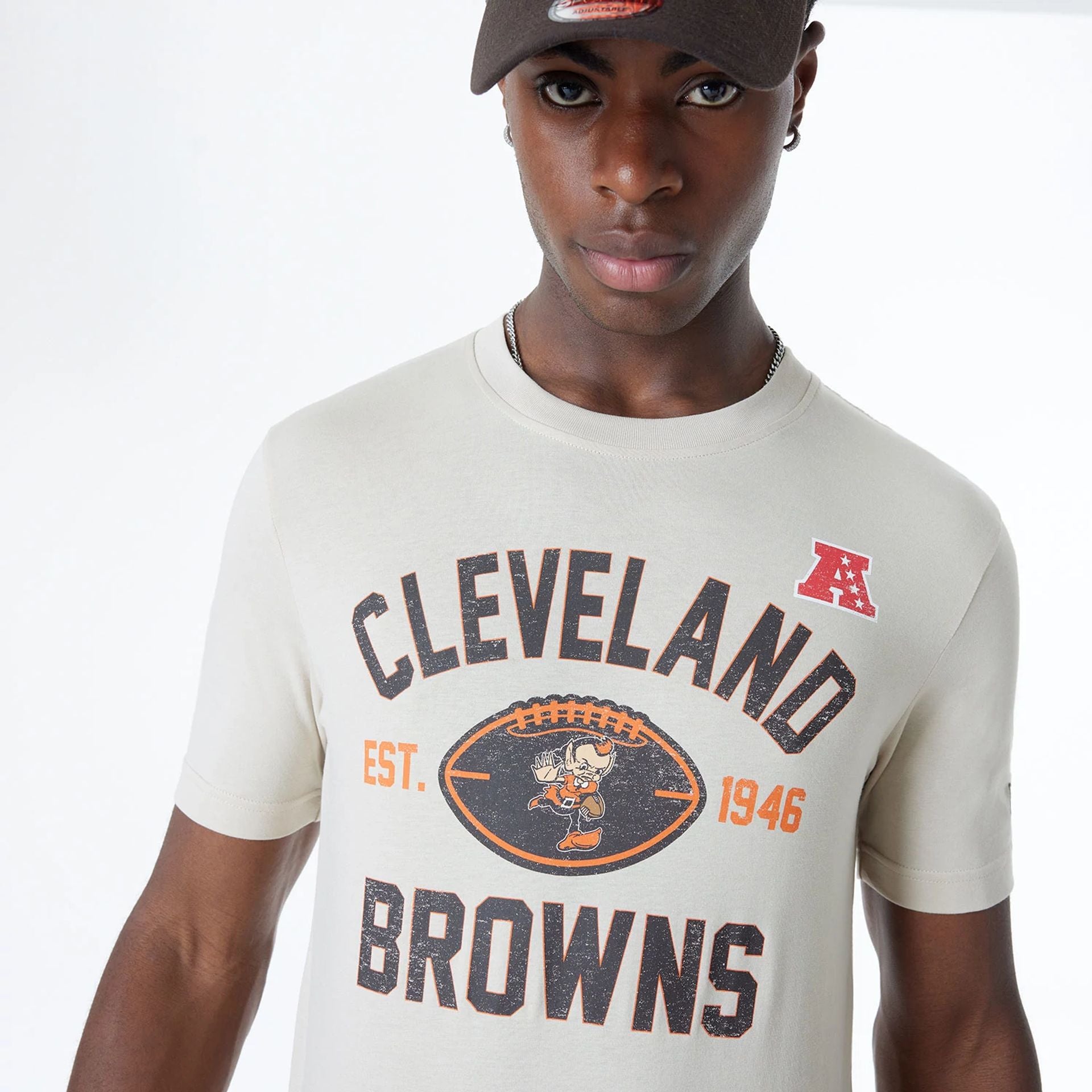 The Male model is wearing Cleveland Browns NFL 3rd Down Historic Light Beige T-Shirt  3