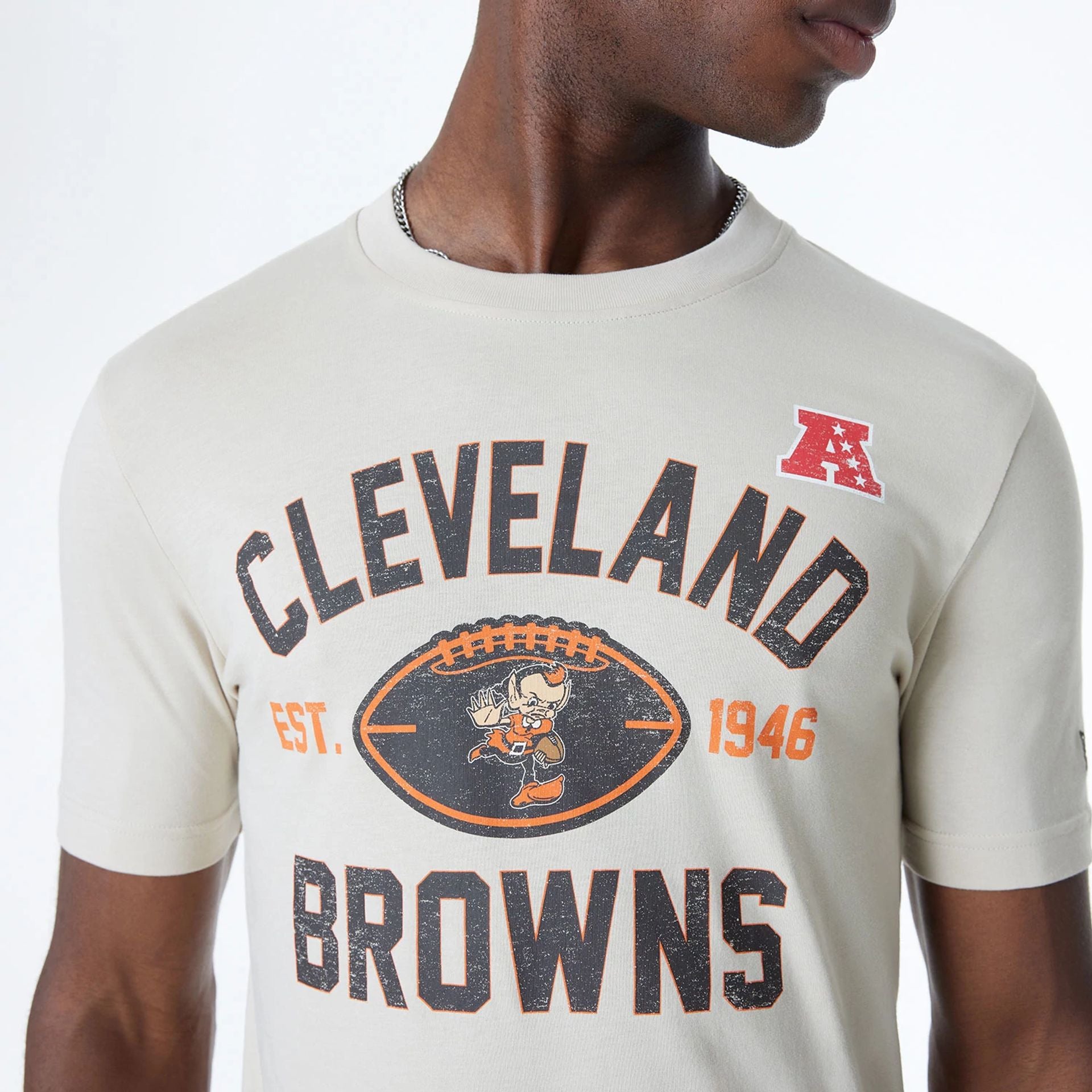 The Male model is wearing Cleveland Browns NFL 3rd Down Historic Light Beige T-Shirt  4