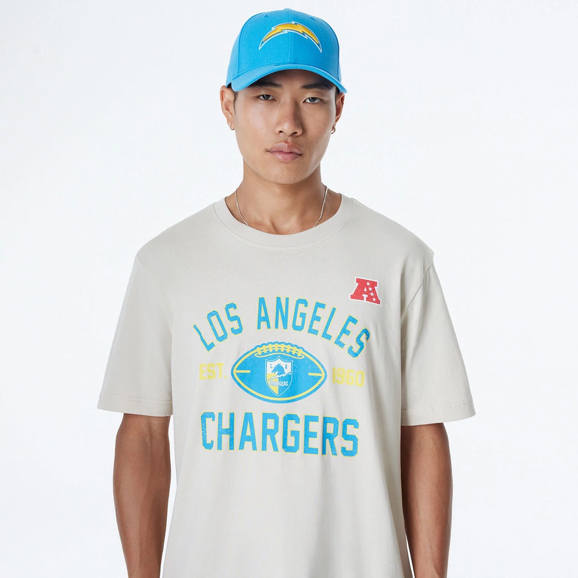 The Male model is wearing LA Chargers NFL 3rd Down Historic Light Beige T-Shirt 6