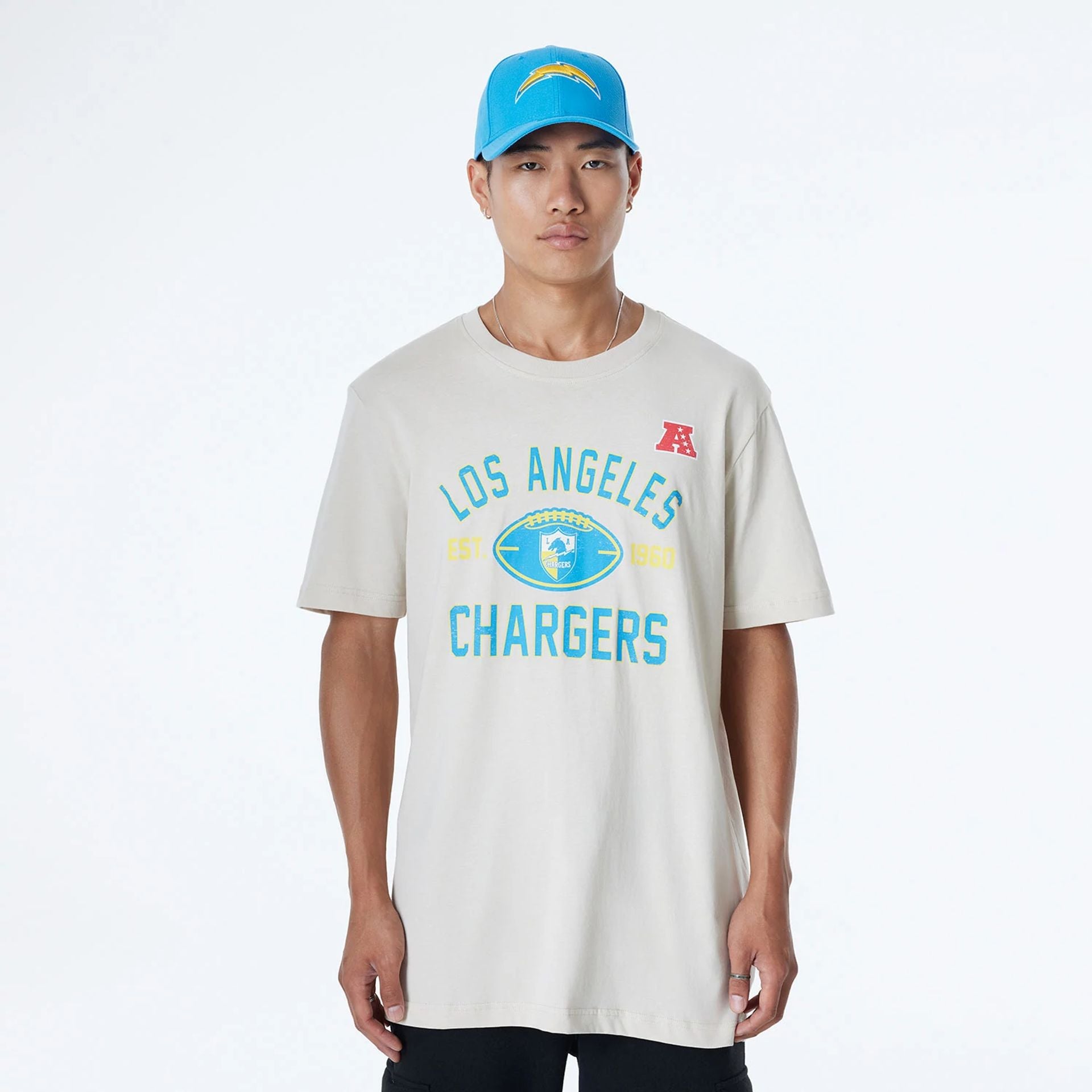 The Male model is wearing LA Chargers NFL 3rd Down Historic Light Beige T-Shirt 1