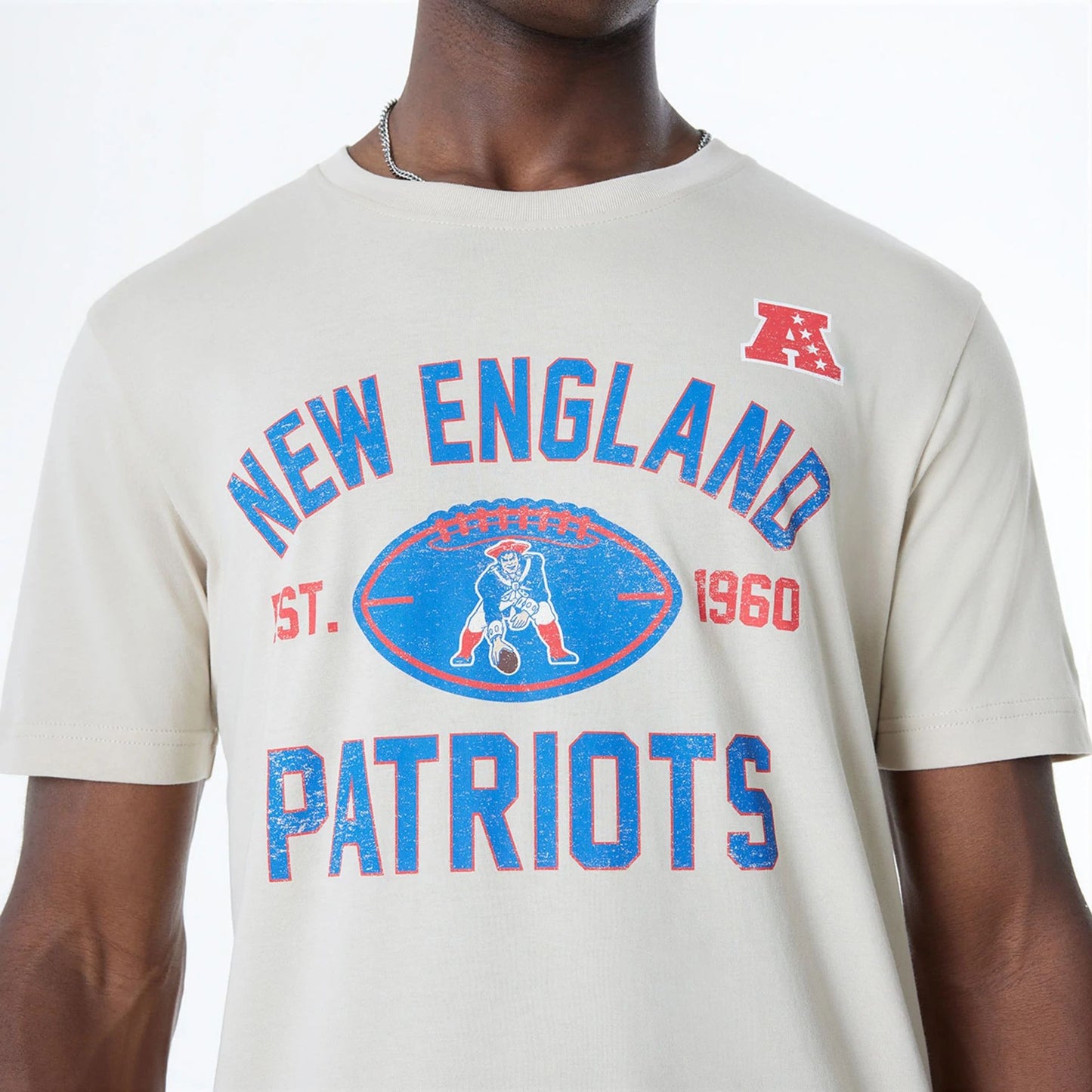 The Male model is wearing New England Patriots NFL 3rd Down Historic Light Beige T-Shirt  5