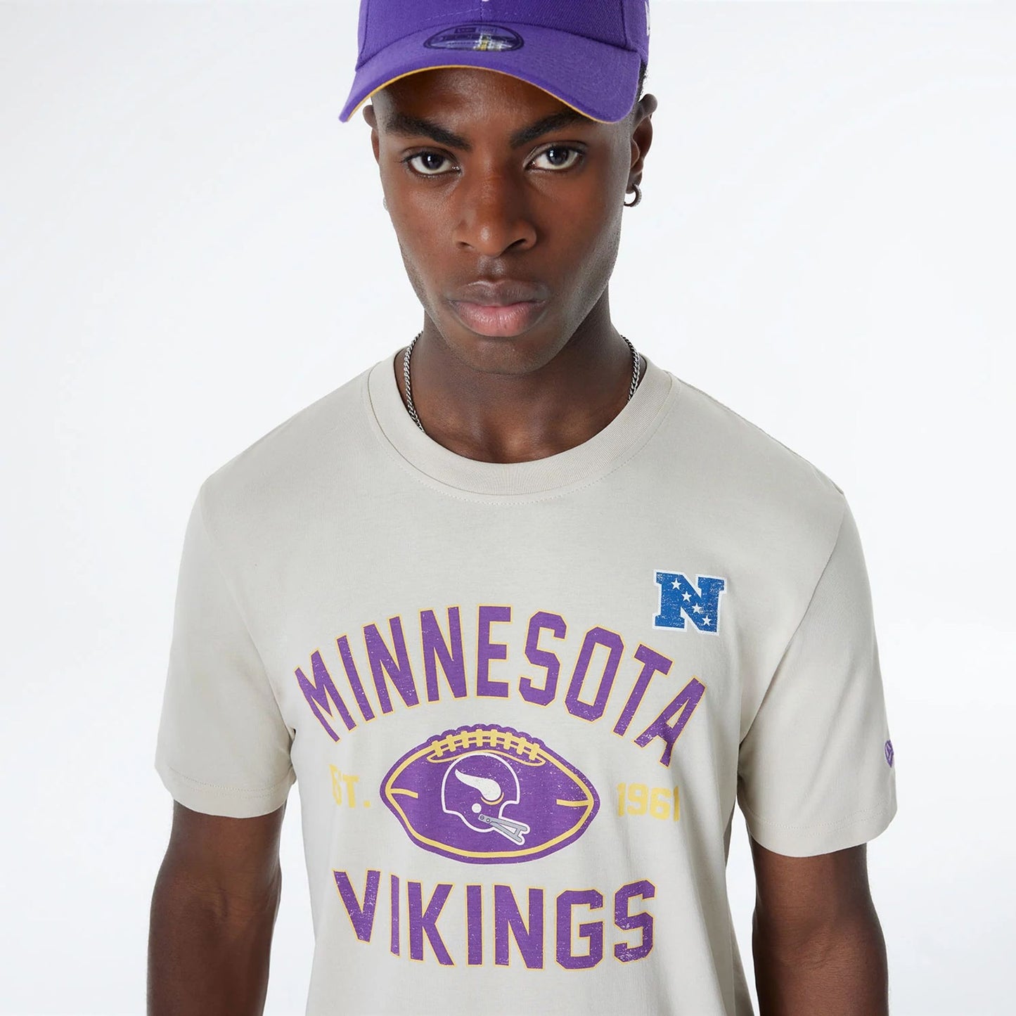 The Male model is wearing Minnesota Vikings NFL 3rd Down Historic Light Beige T-Shirt  6