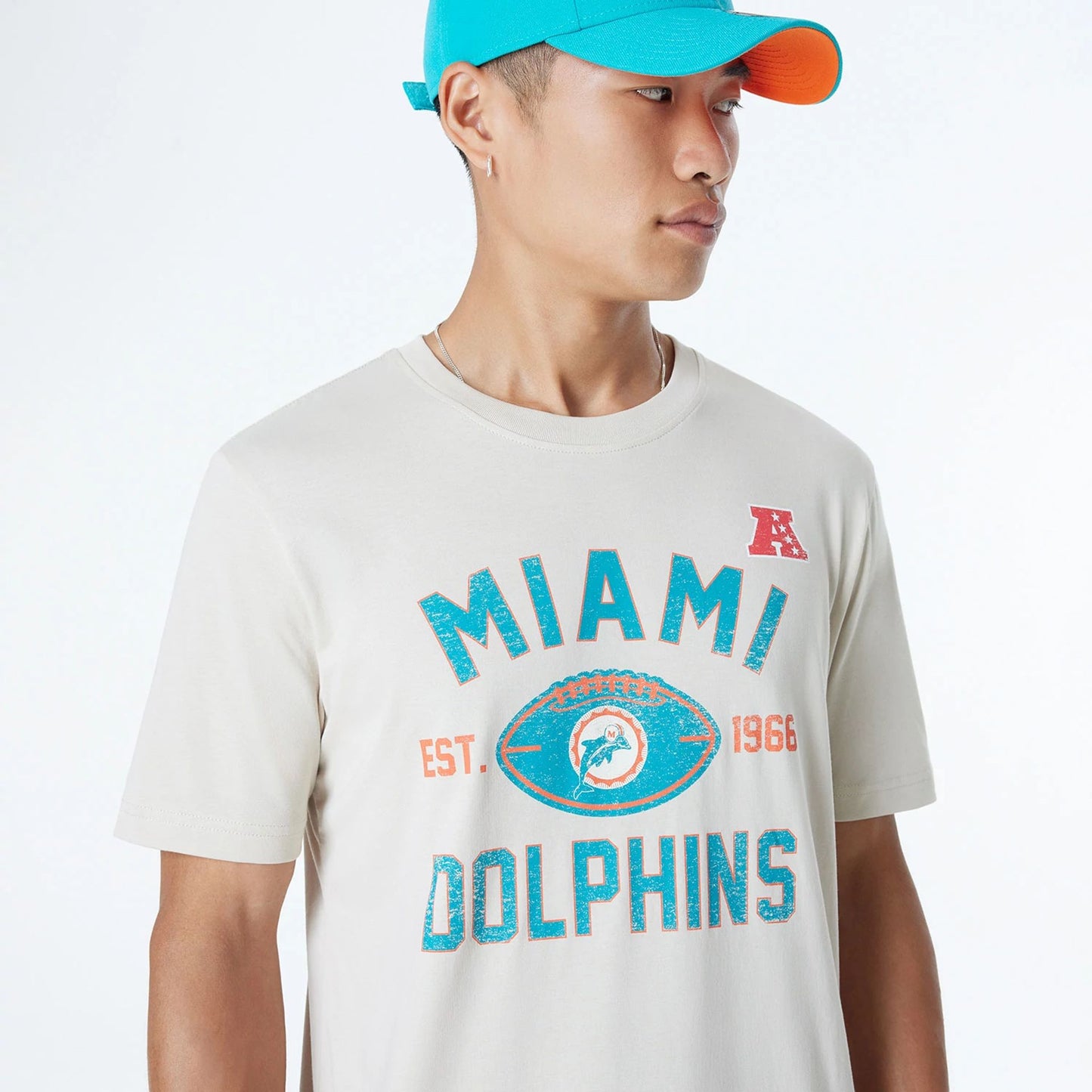 The Male model is wearing Miami Dolphins NFL 3rd Down Historic Light Beige T-Shirt  6