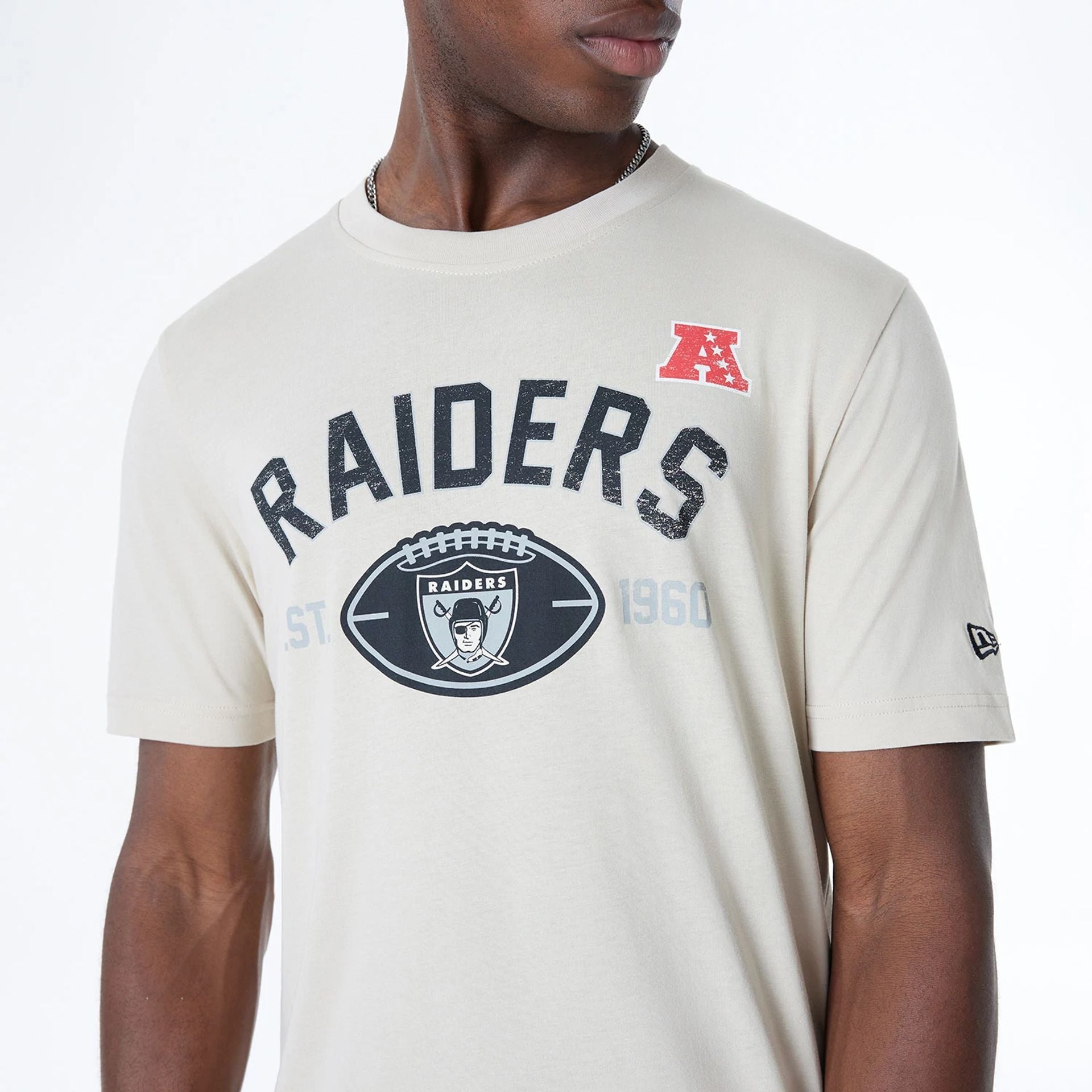 The Male model is wearing Oakland Raiders NFL 3rd Down Historic Light Beige T-Shirt 4