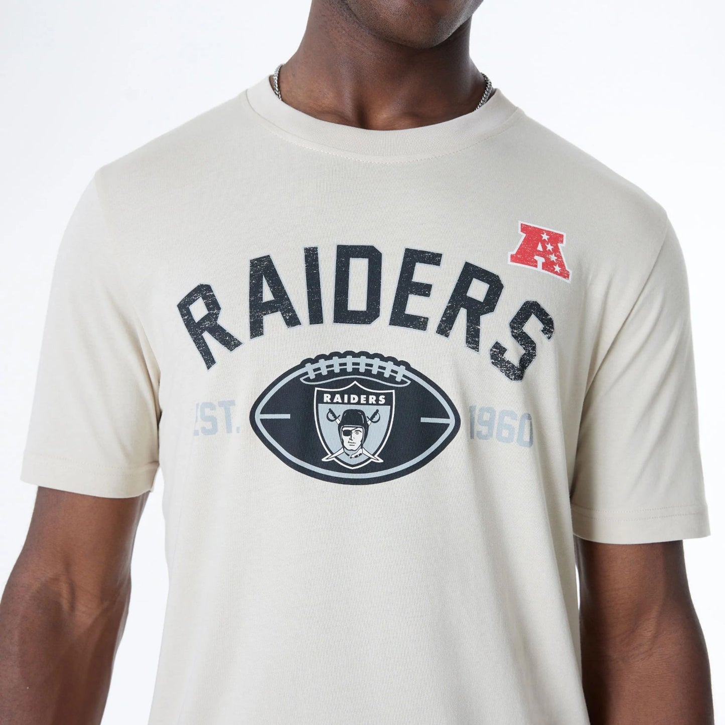 The Male model is wearing Oakland Raiders NFL 3rd Down Historic Light Beige T-Shirt 3