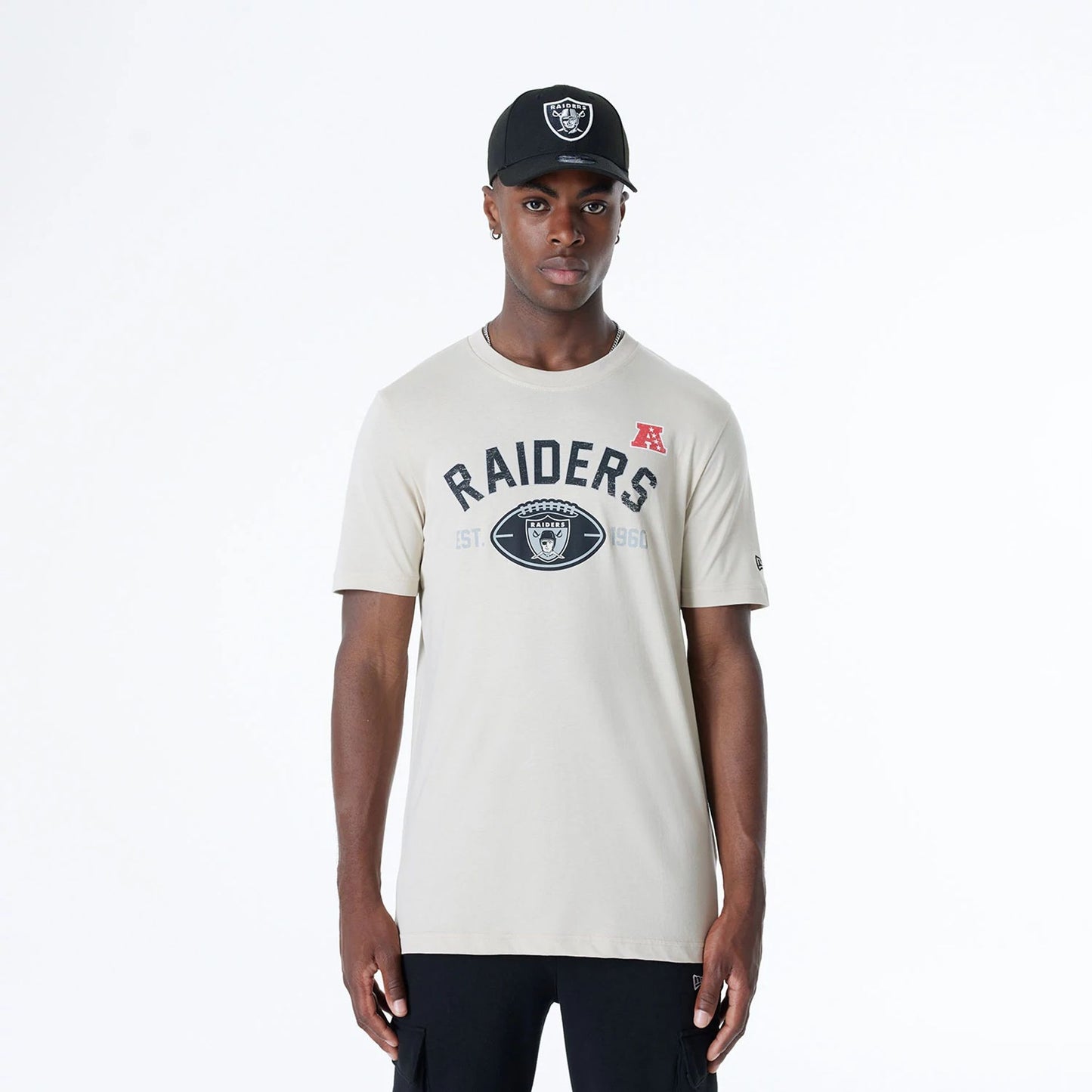 The Male model is wearing Oakland Raiders NFL 3rd Down Historic Light Beige T-Shirt 1