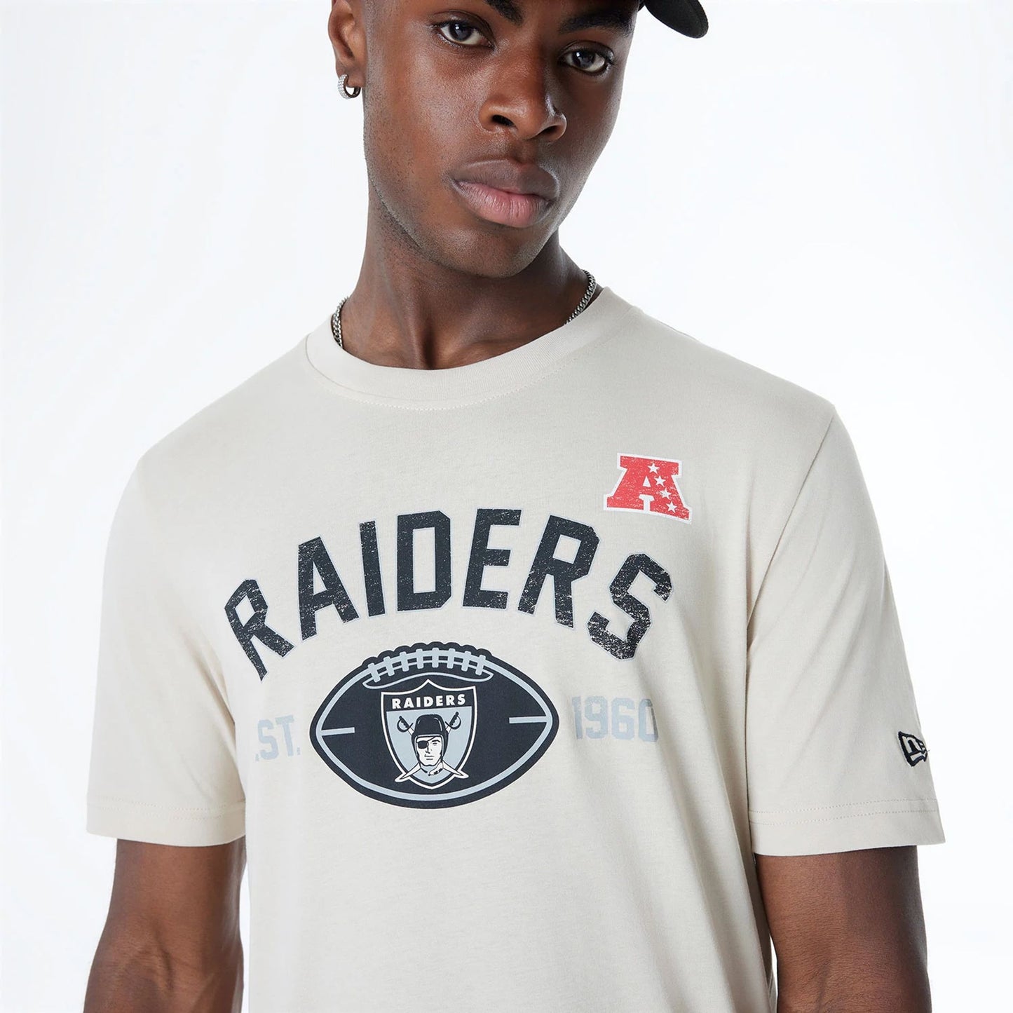 The Male model is wearing Oakland Raiders NFL 3rd Down Historic Light Beige T-Shirt 6