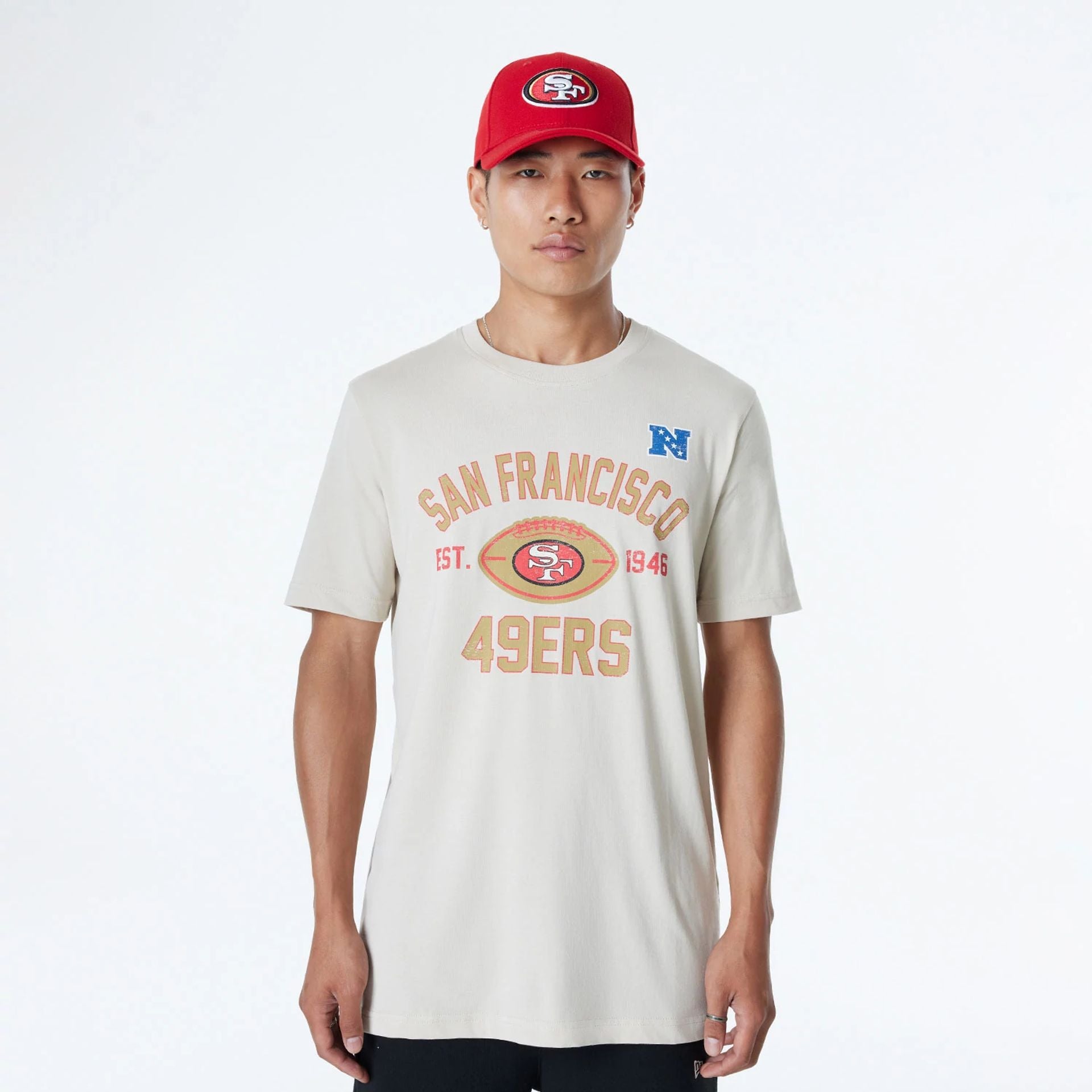 The Male model is wearing San Francisco 49ers NFL 3rd Down Historic Light Beige T-Shirt 1