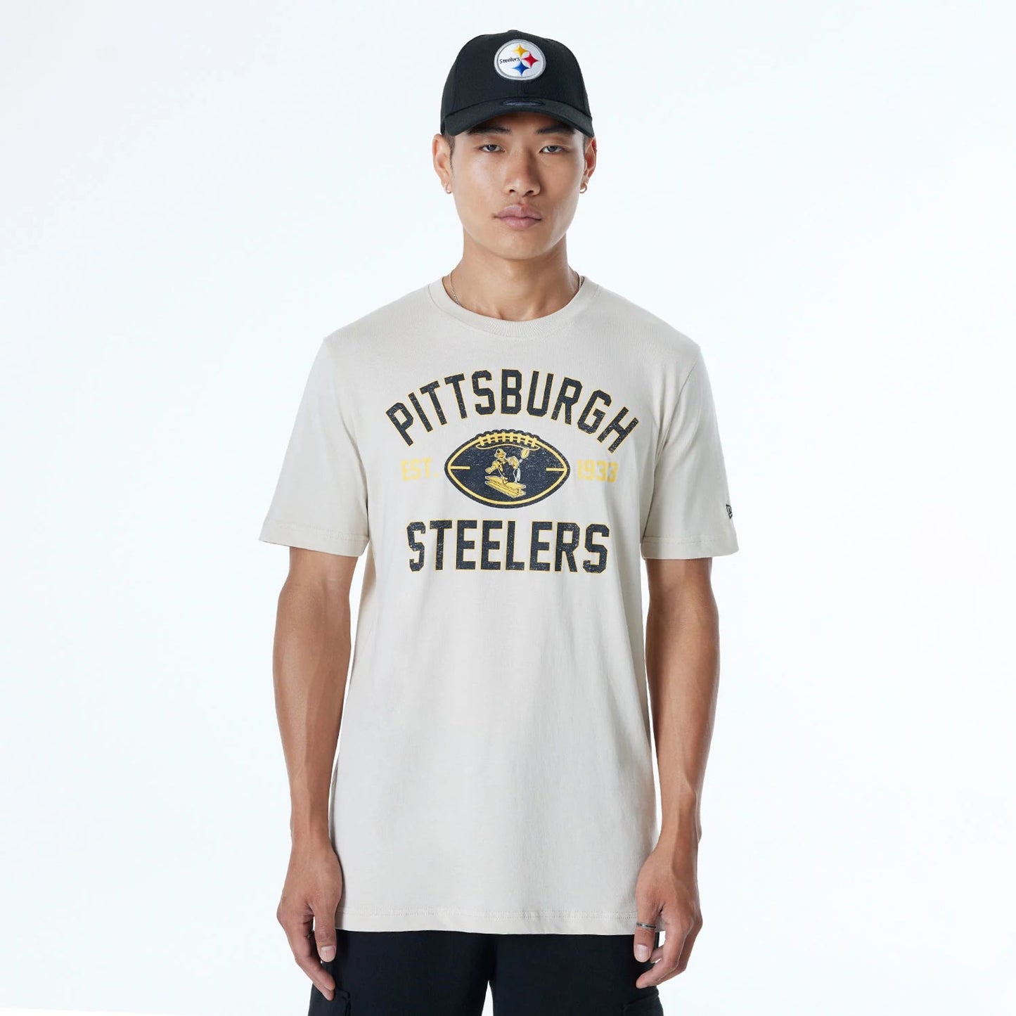 The Male model is wearing Pittsburgh Steelers NFL 3rd Down Historic Light Beige T-Shirt  1