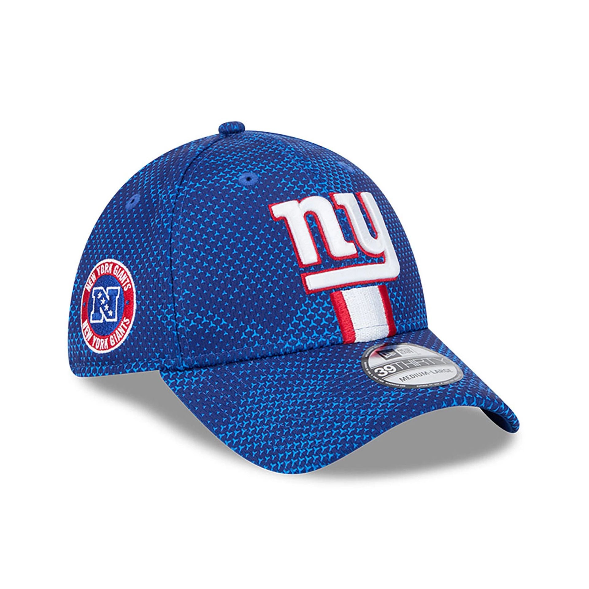 This is a New York Giants NFL Sideline 2024 Blue 39THIRTY Stretch Fit Cap 1