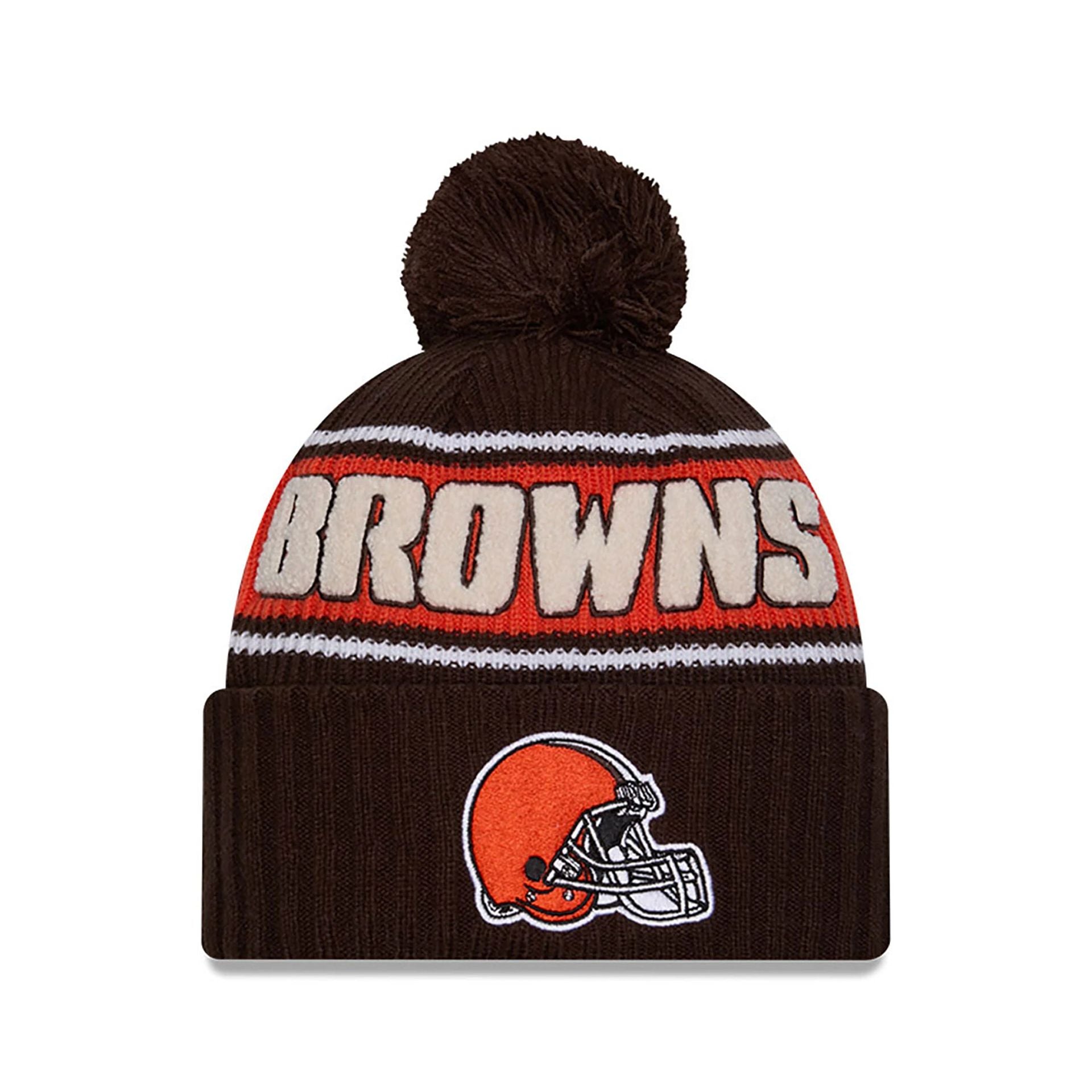 This is a Cleveland Browns NFL Sideline 2024 Dark Brown Sport Knit Beanie Hat 1