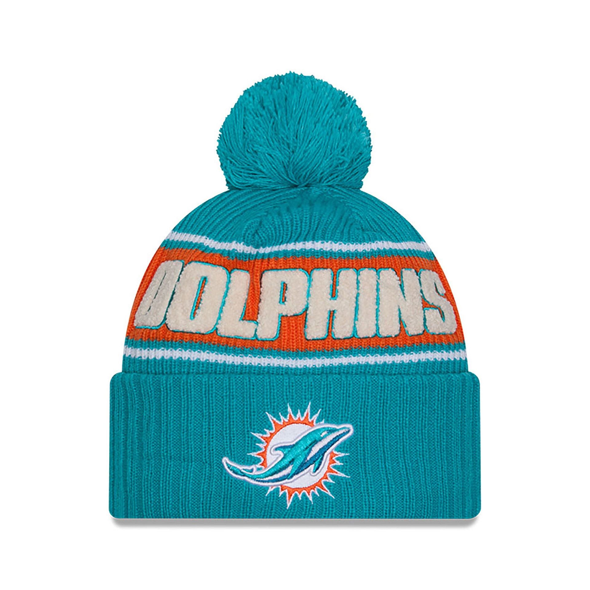 This is a Miami Dolphins NFL Sideline 2024 Turquoise Sport Knit Beanie Hat 1