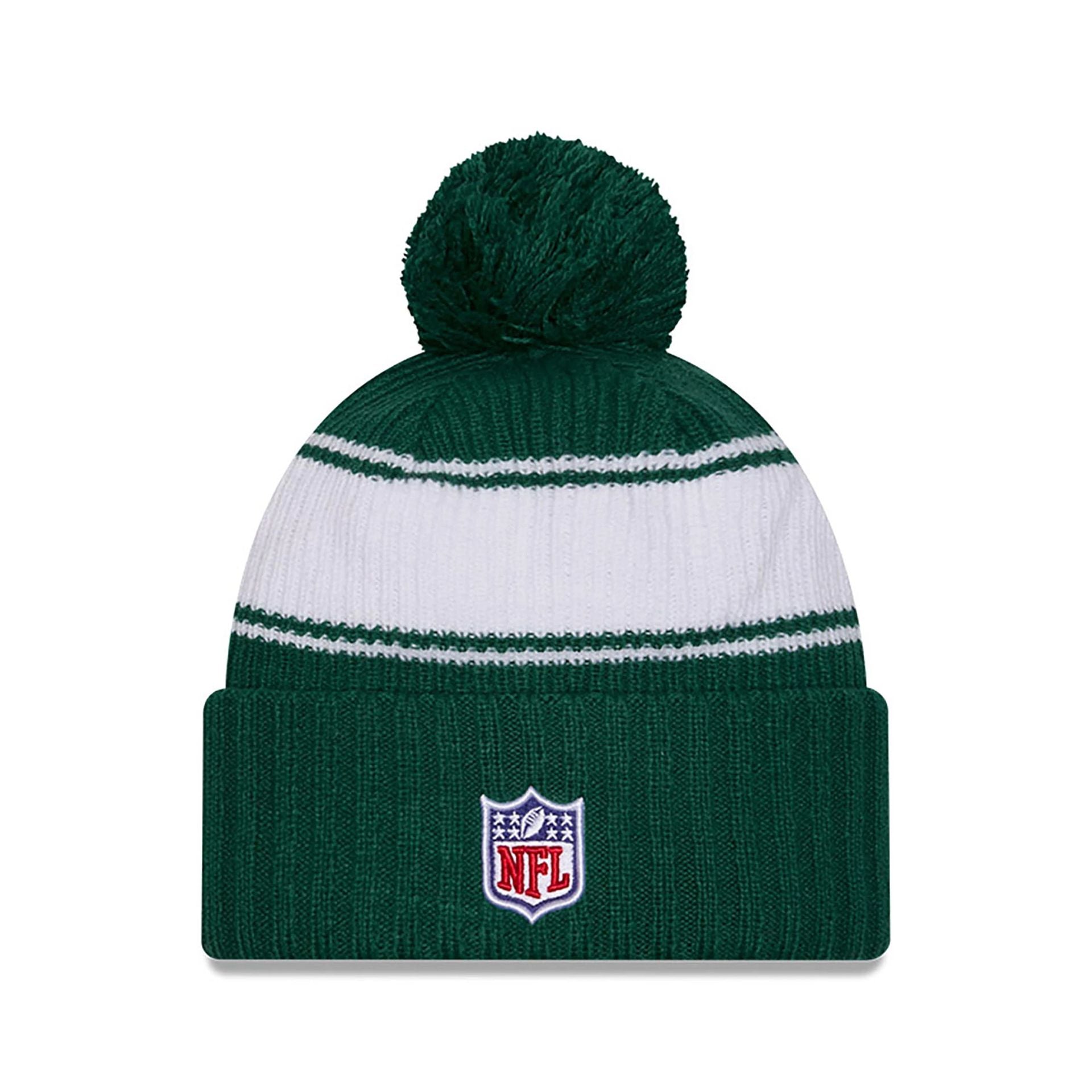 This is a New York Jets NFL Sideline 2024 Green Sport Knit Beanie Hat 2