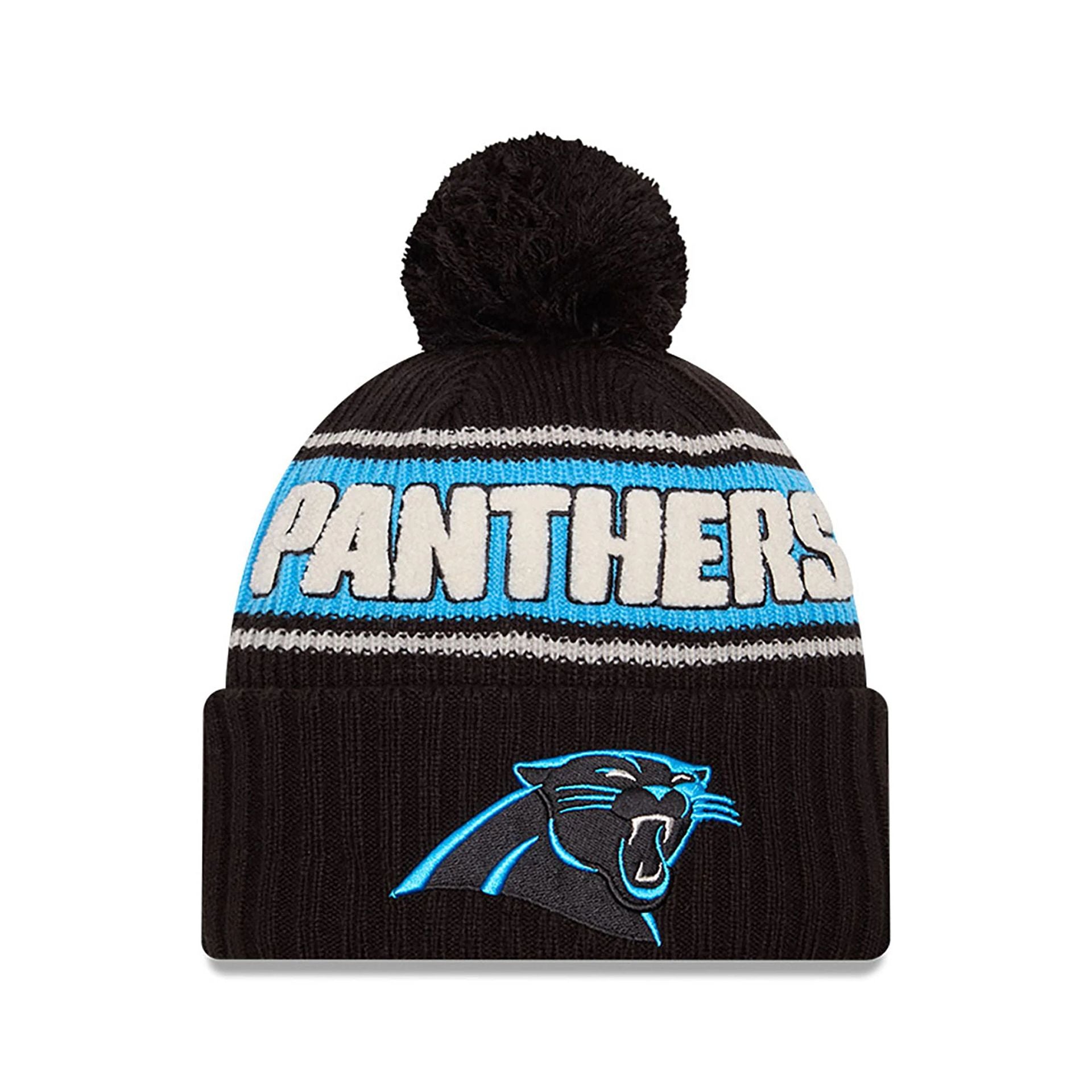 This is a Carolina Panthers NFL Sideline 2024 Black Sport Knit Beanie Hat 1