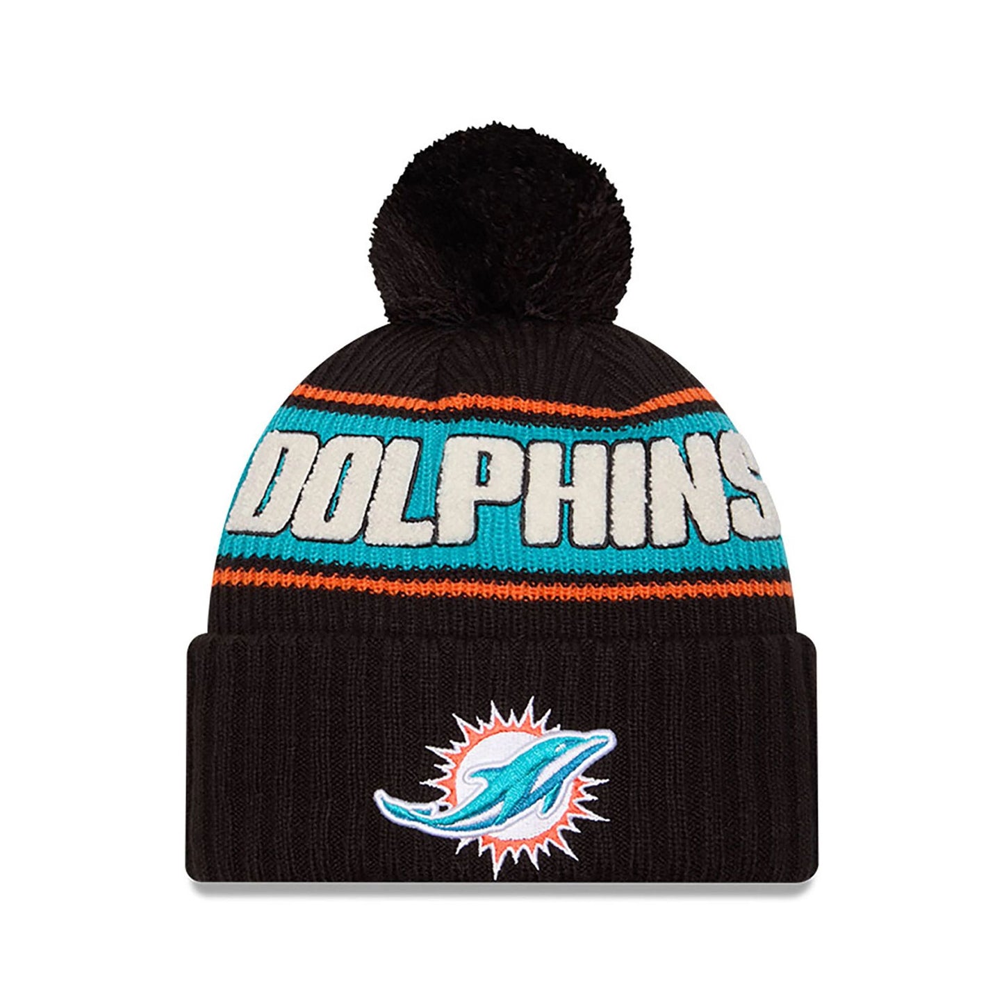 This is a Miami Dolphins NFL Sideline 2024 Black Sport Knit Beanie Hat 1