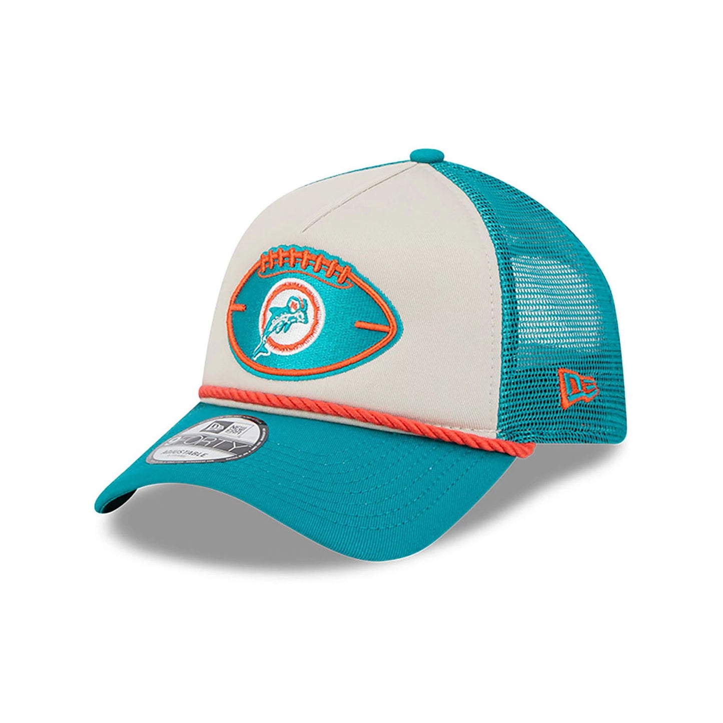 This is a Miami Dolphins NFL Sideline 2024 Historic Turquoise 9FORTY A-Frame Adjustable Cap 1