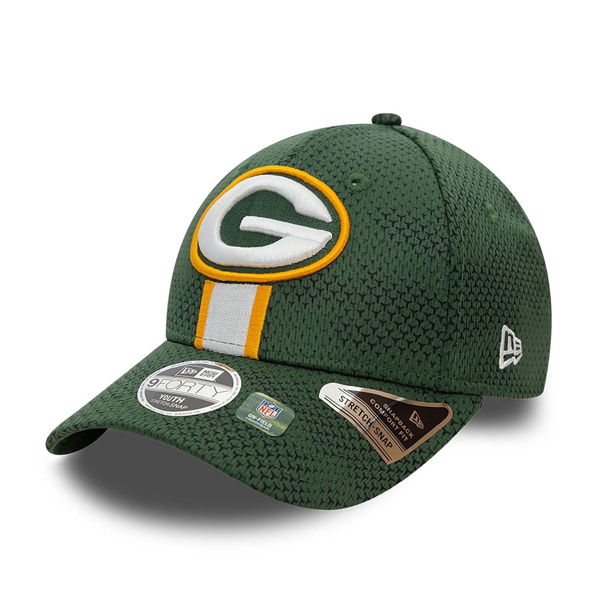 This is a Green Bay Packers Youth NFL Sideline 2024 Dark Green 9FORTY Stretch Snap Cap 3