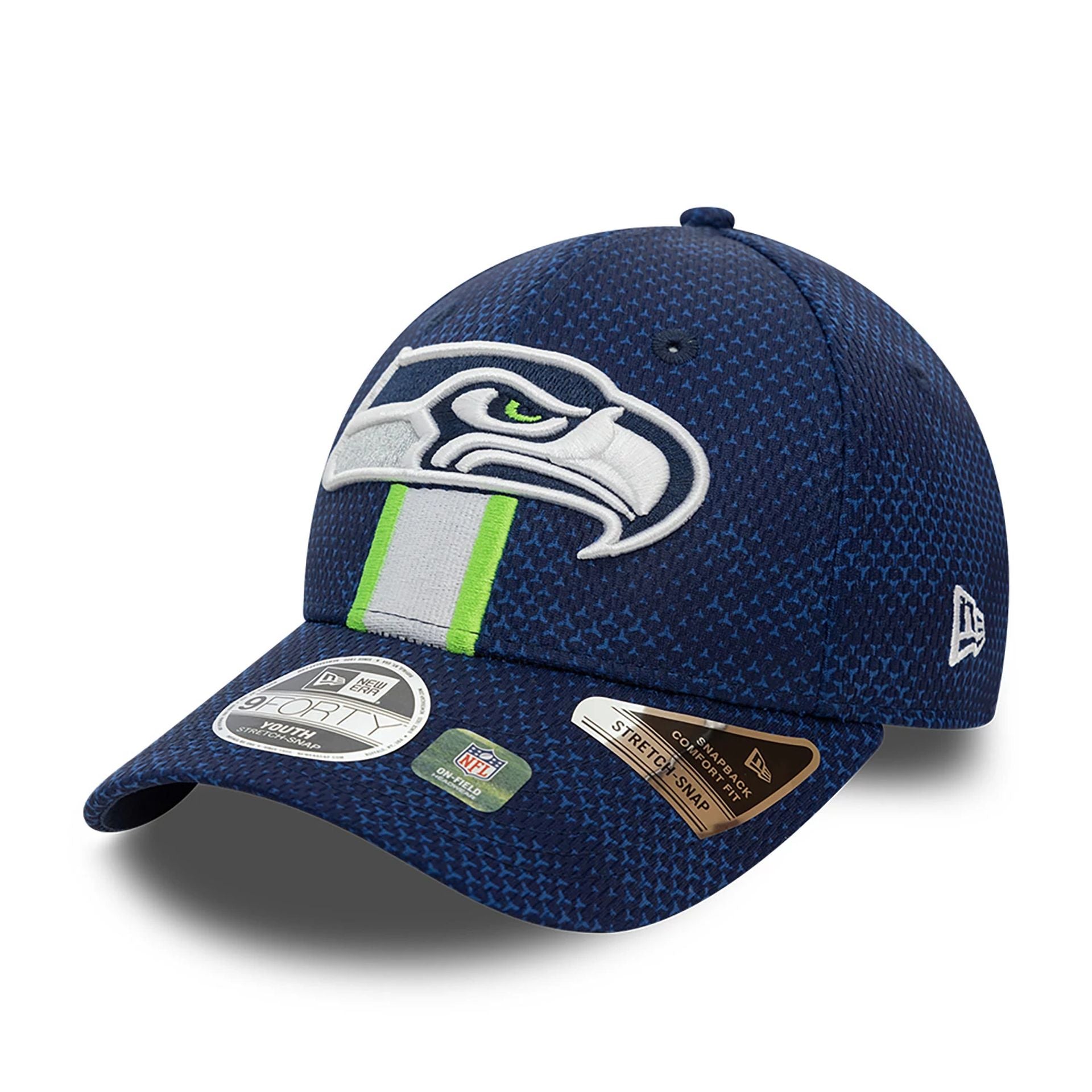 This is a Seattle Seahawks Youth NFL Sideline 2024 Dark Blue 9FORTY Stretch Snap Cap 3