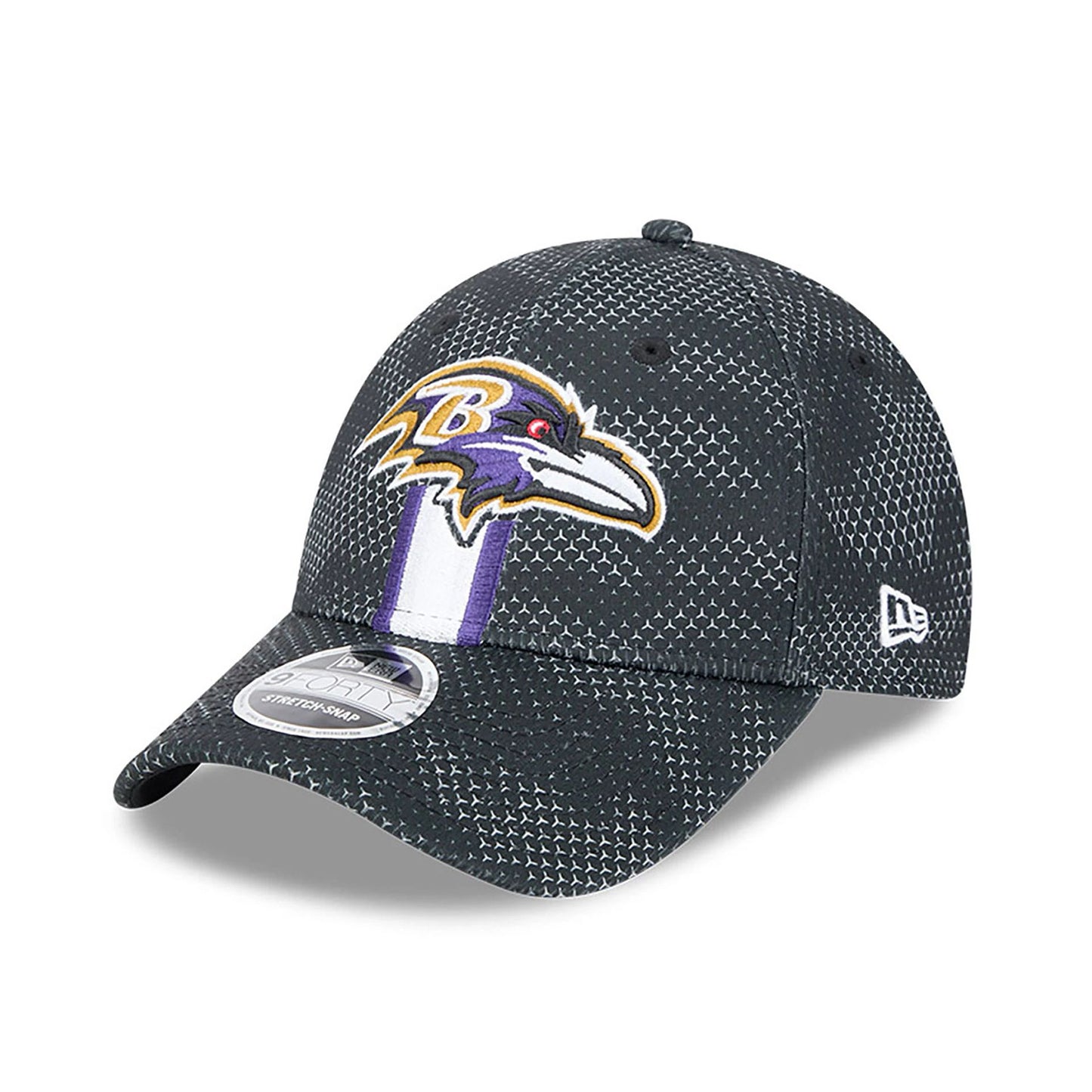 This is a Baltimore Ravens NFL Sideline 2024 Black 9FORTY Stretch Snap Cap 3