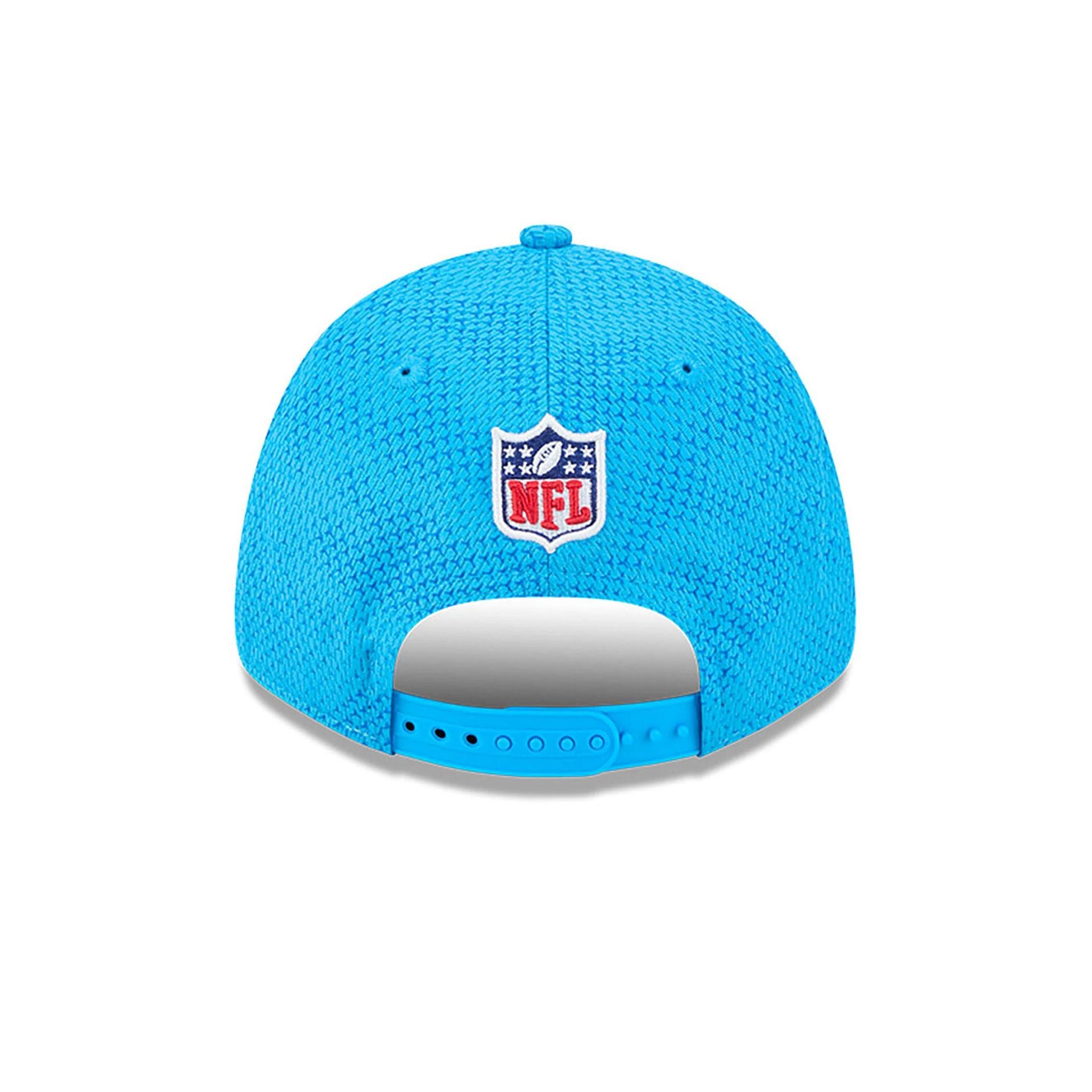 This is a Carolina Panthers NFL Sideline 2024 Blue 9FORTY Stretch Snap Cap 5