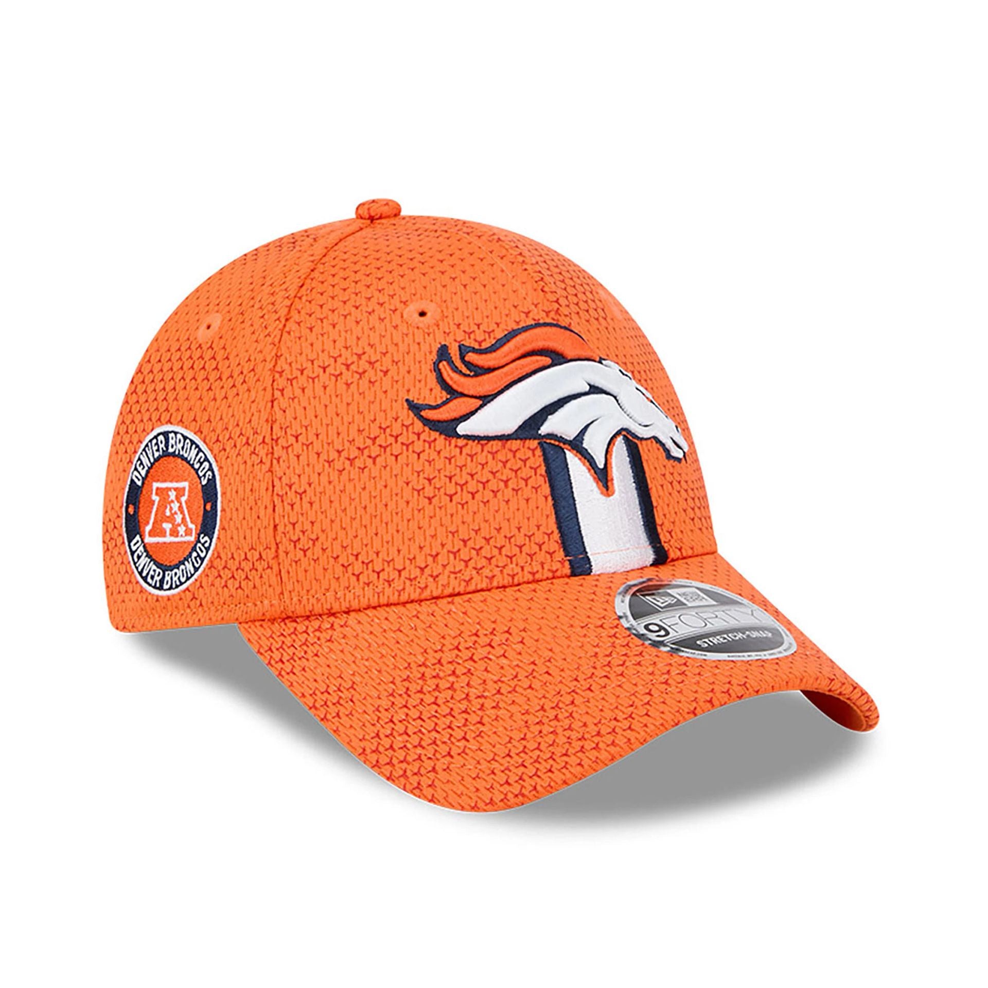 This is a Denver Broncos NFL Sideline 2024 Orange 9FORTY Stretch Snap Cap 1