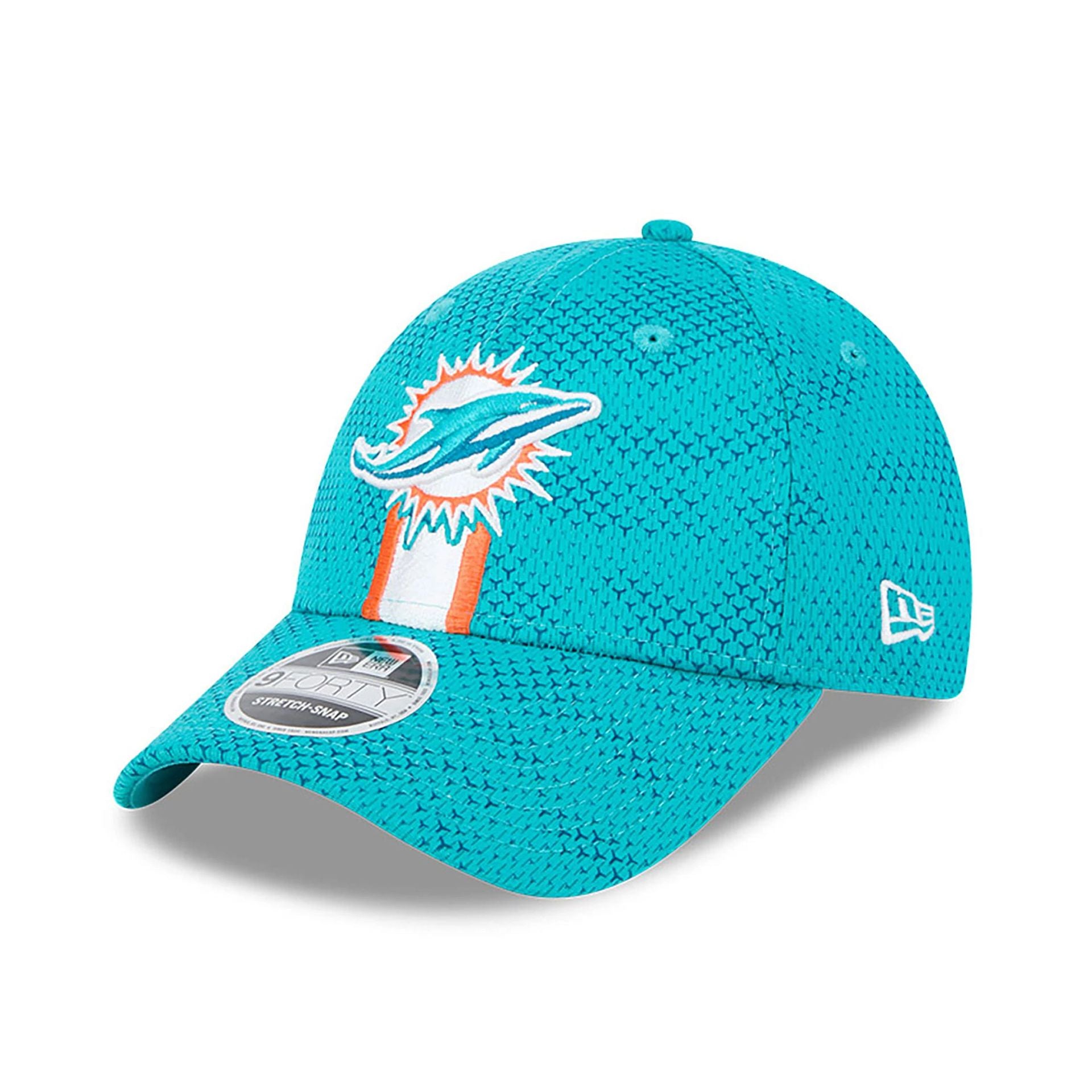 This is a Miami Dolphins NFL Sideline 2024 Turquoise 9FORTY Stretch Snap Cap 3