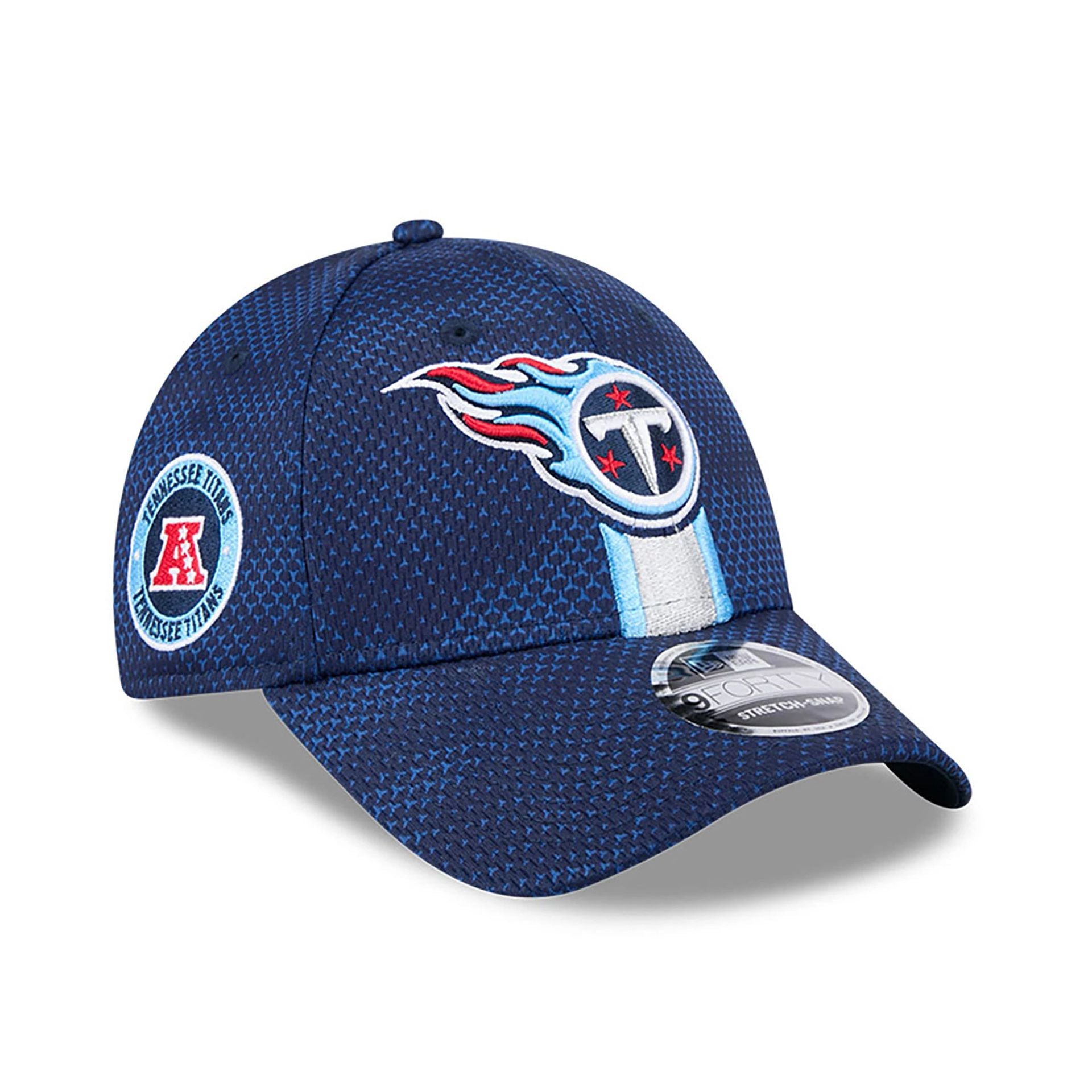 This is a Tennessee Titans NFL Sideline 2024 Dark Blue 9FORTY Stretch Snap Cap 1