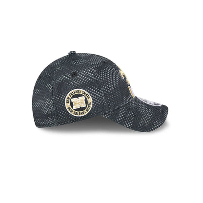 This is a New Orleans Saints NFL Sideline 2024 Black 9FORTY Stretch Snap Cap 6