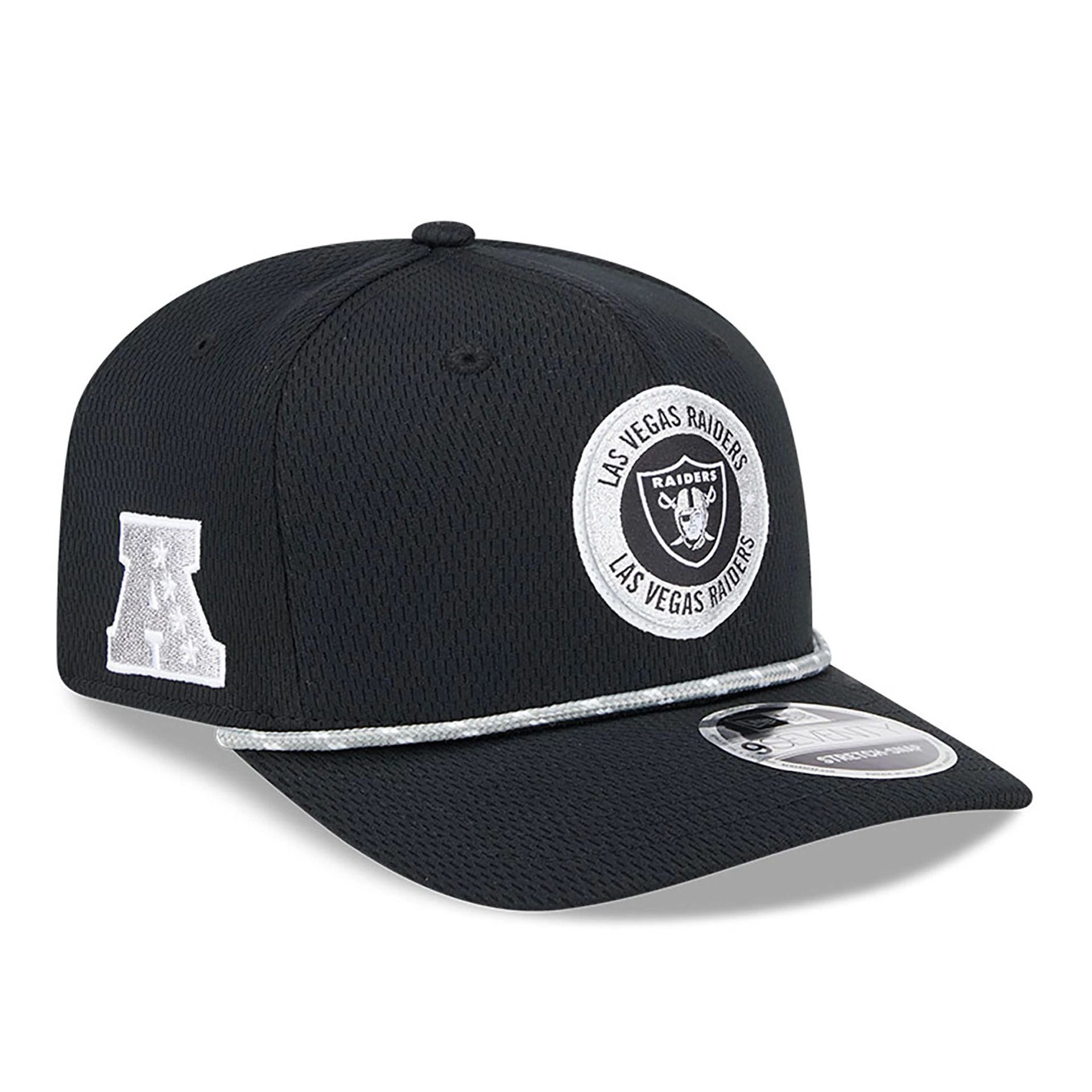 This is a Las Vegas Raiders NFL Sideline 2024 Black 9SEVENTY Stretch Snap Cap 1